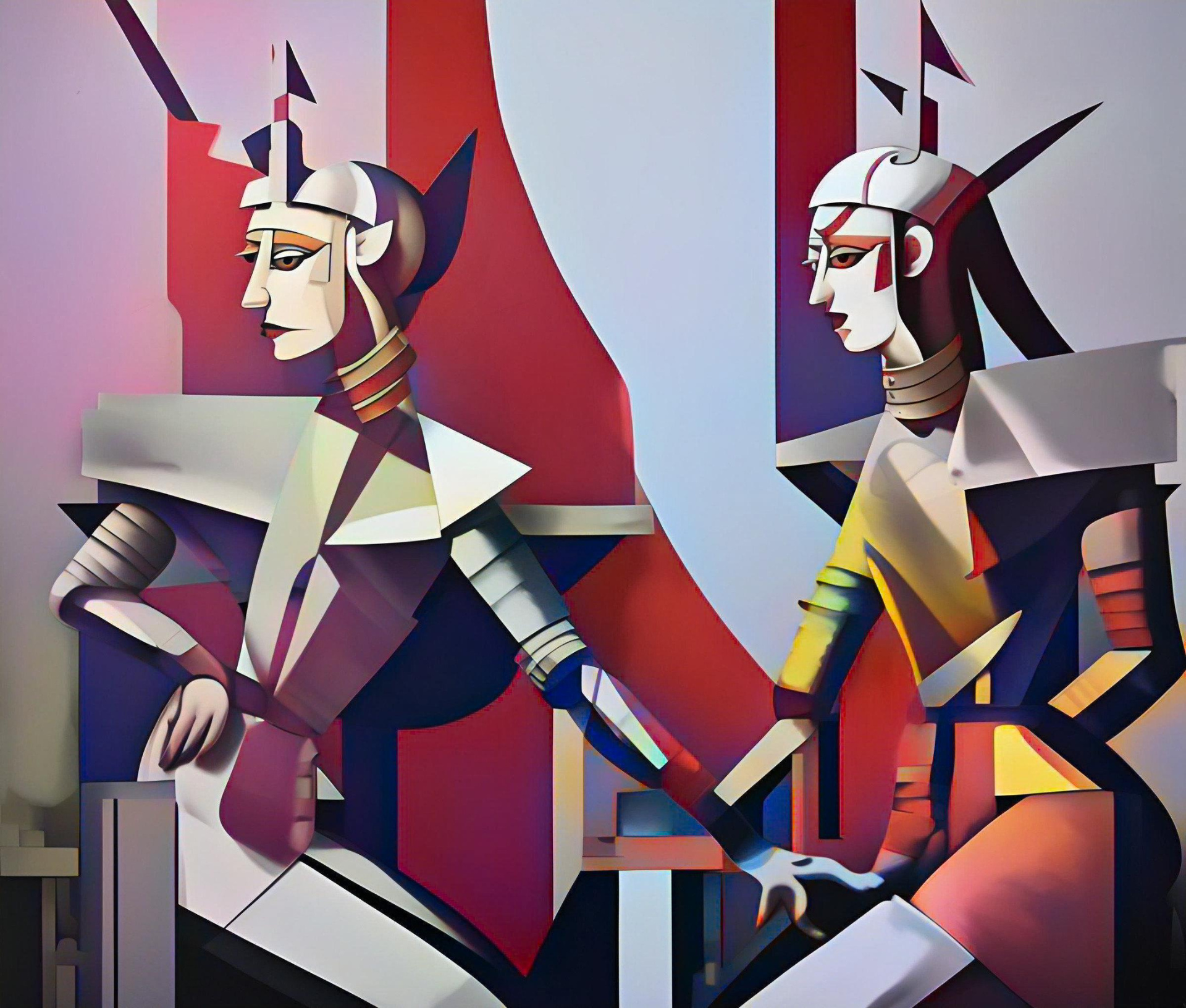 Two stylized figures in a geometric composition, embodying themes of royalty.