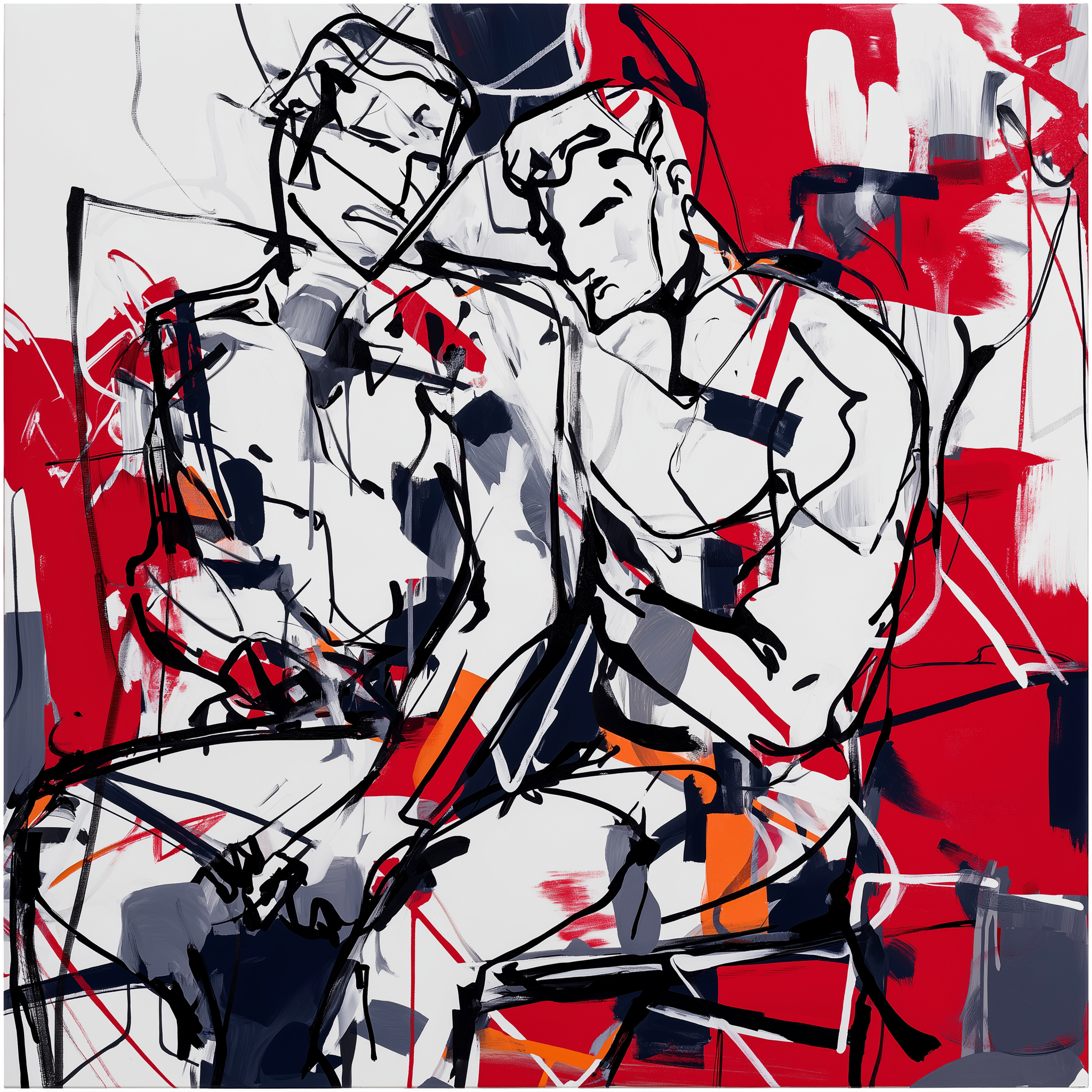Two stylized human figures are depicted in an abstract composition with bold colors and dynamic lines.
