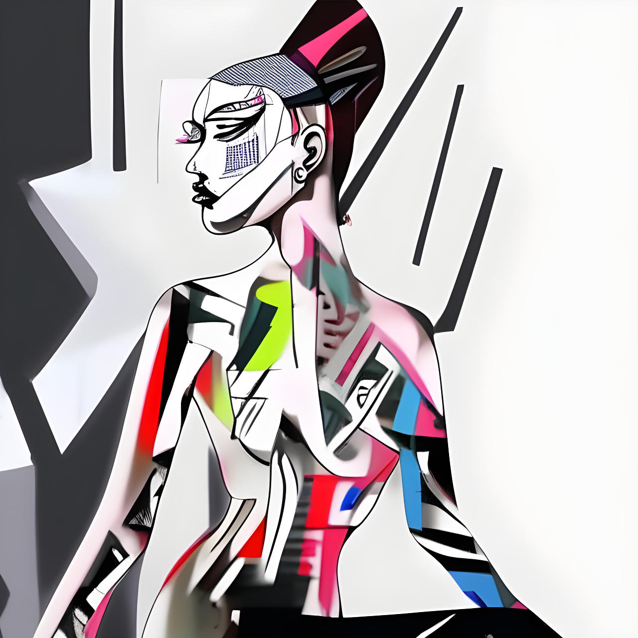 A stylized digital caricature of a human-like figure with abstract geometric patterns.