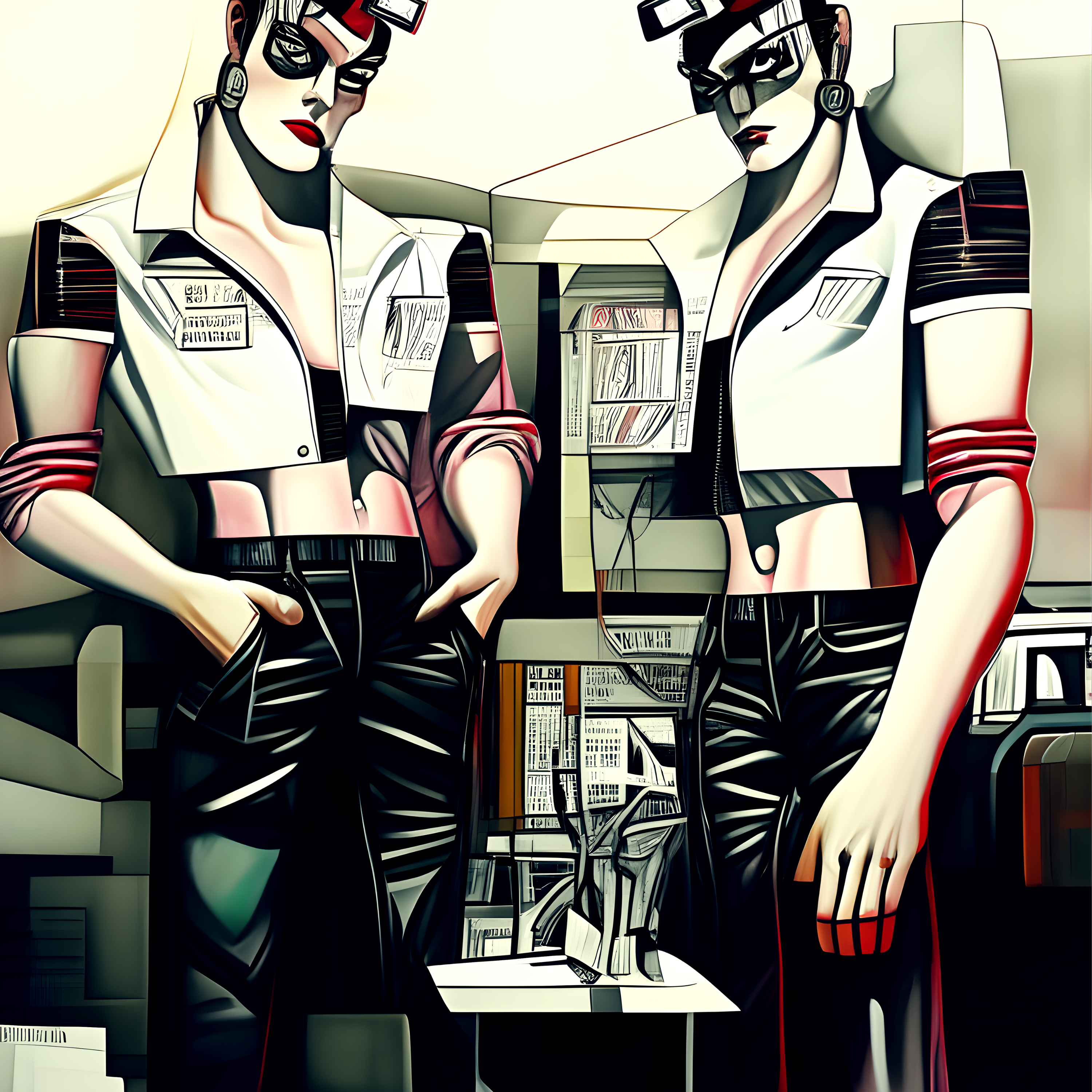 A digital artwork featuring two stylized figures in cropped jackets and high-waisted pants, standing in a modern interior.