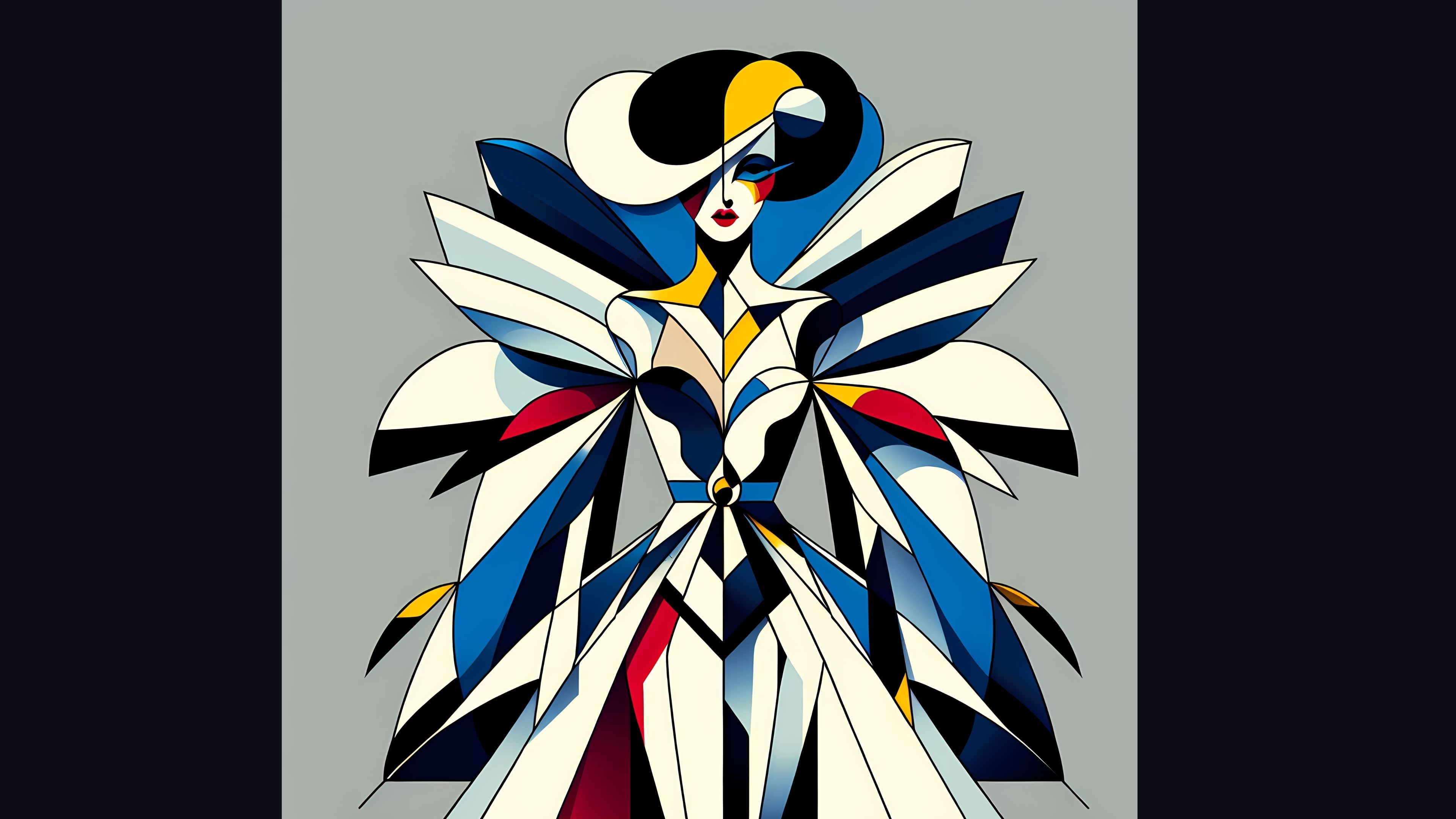 A stylized figure with bold geometric shapes and vibrant colors.