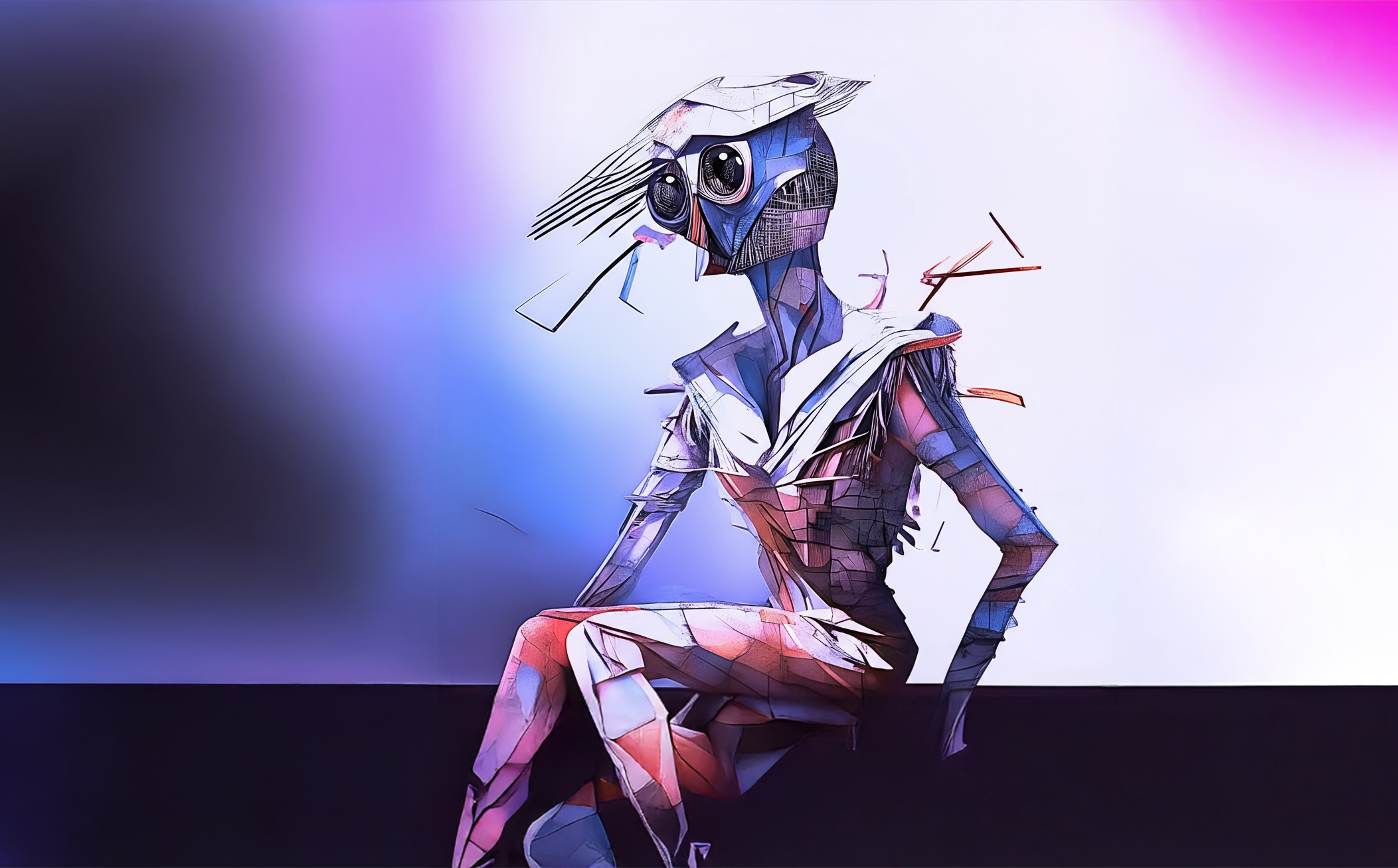 A stylized human-like figure with exaggerated features sits against a gradient background.