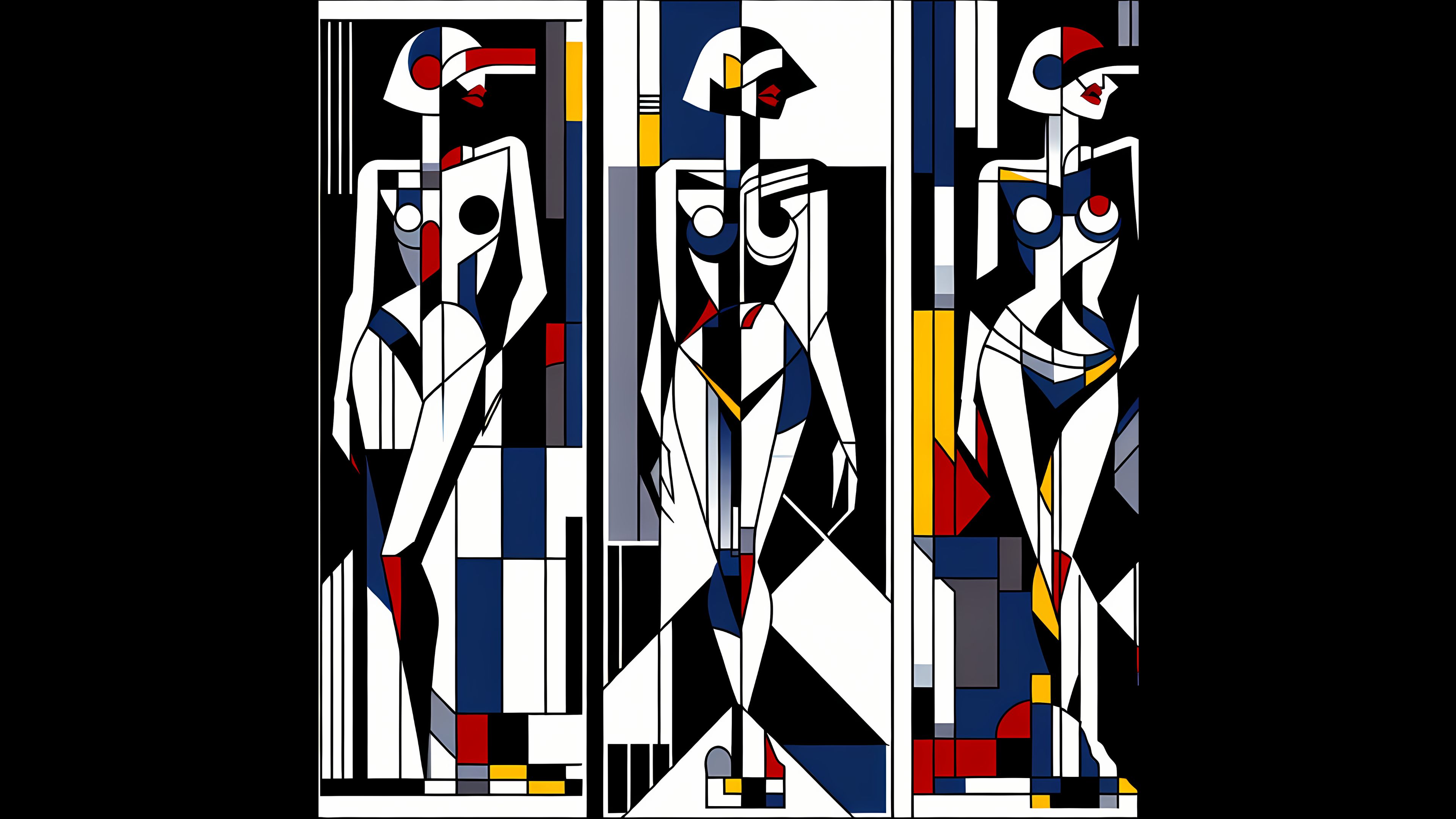 An abstract artwork featuring three stylized human-like figures in a cubist style.