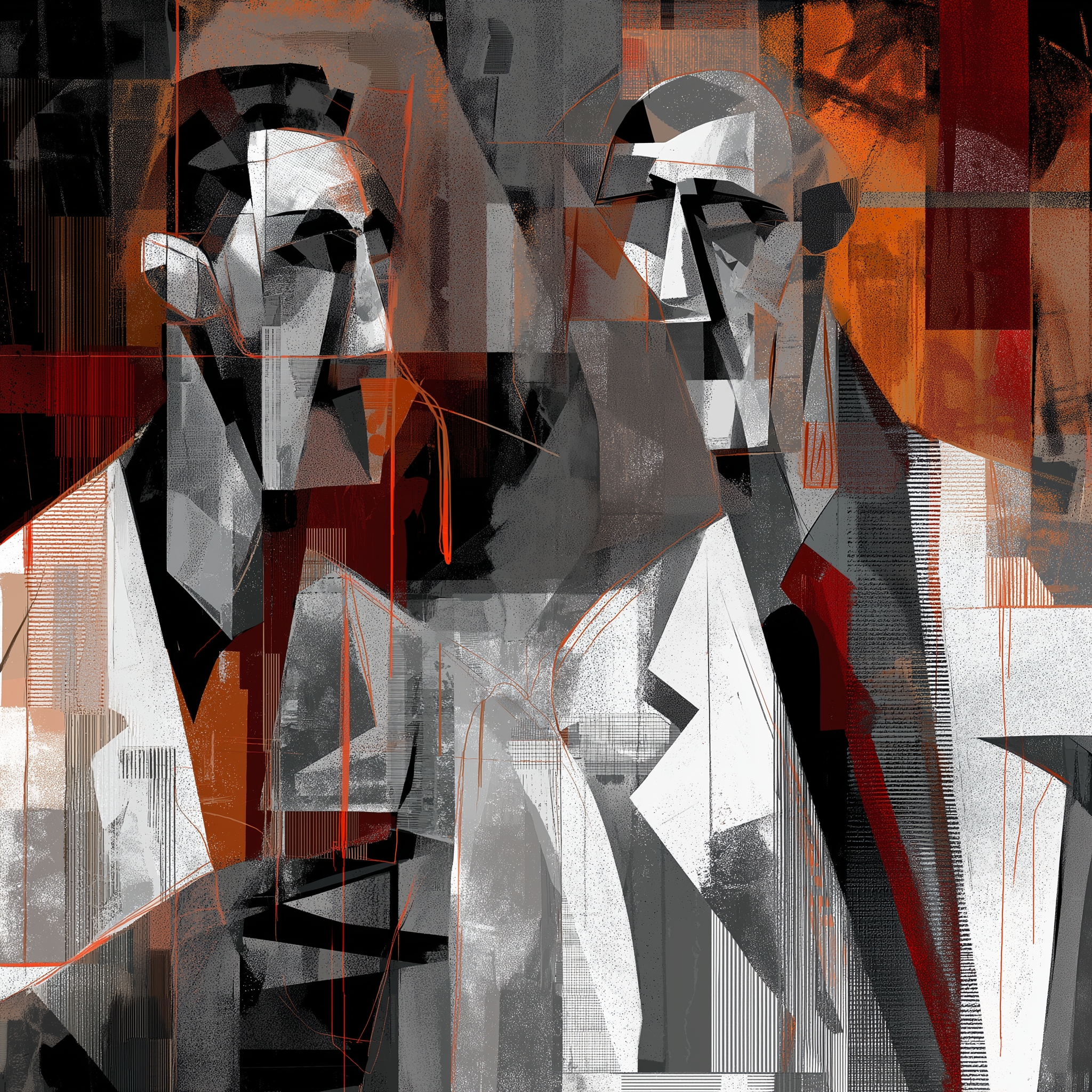 Two abstract human-like figures in suits engage in conversation against a geometric background.