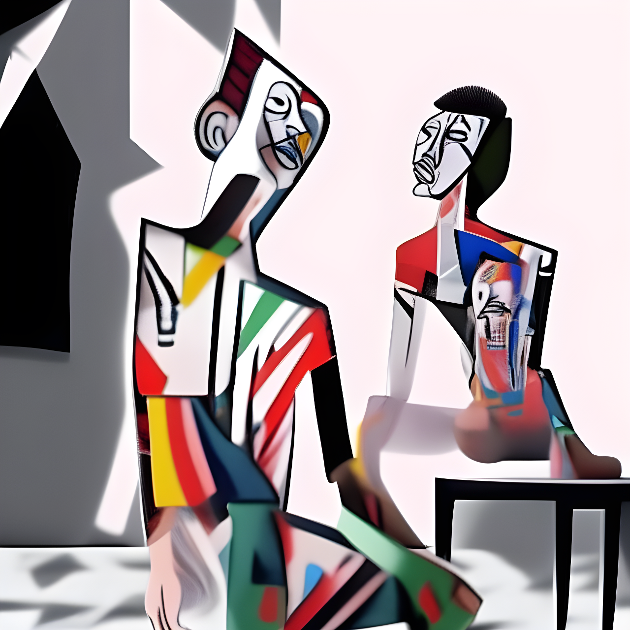 Two abstract figures with exaggerated features sit in a stylized environment.