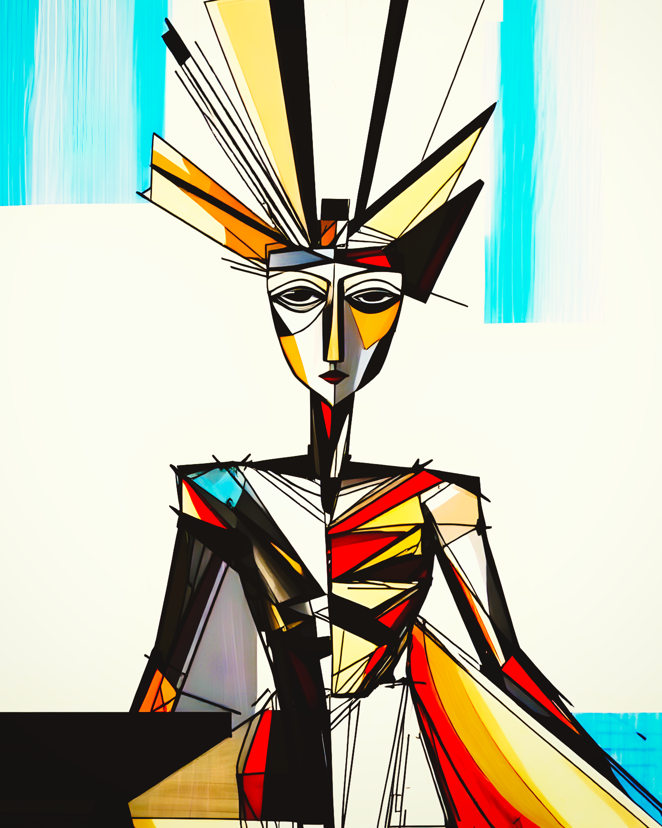 An abstract figure with geometric shapes and bold colors.