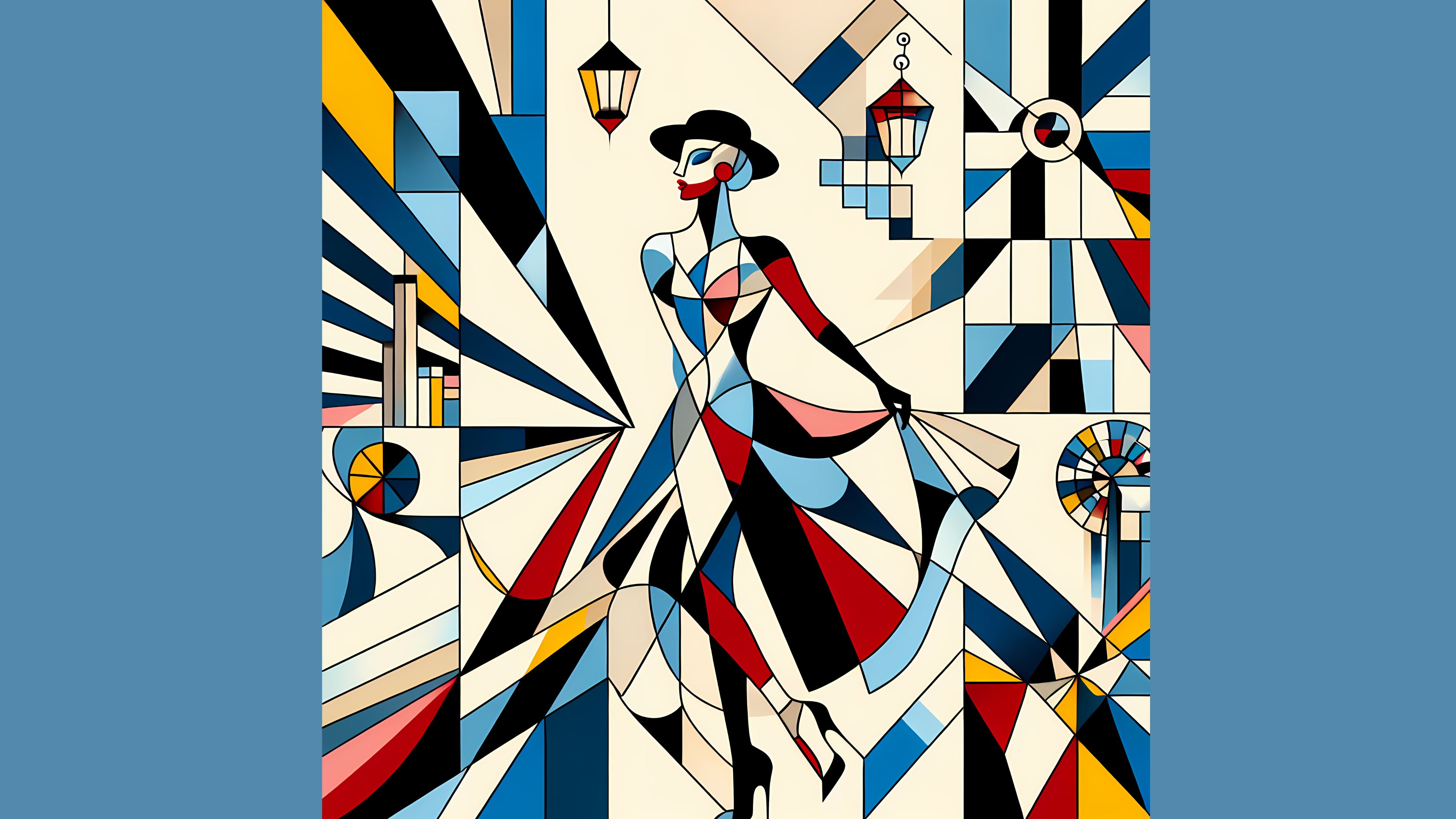 A stylized figure in a dress walks through a geometric landscape with vibrant colors and shapes.