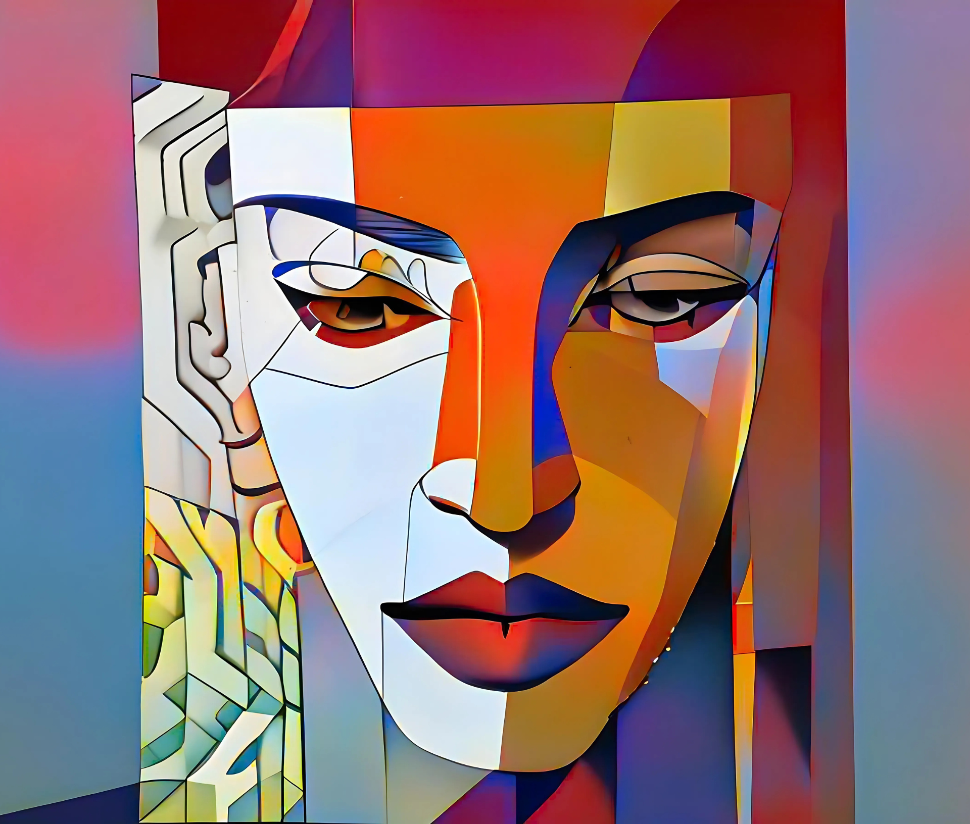 A stylized portrait of a human-like figure with geometric shapes and vibrant colors.