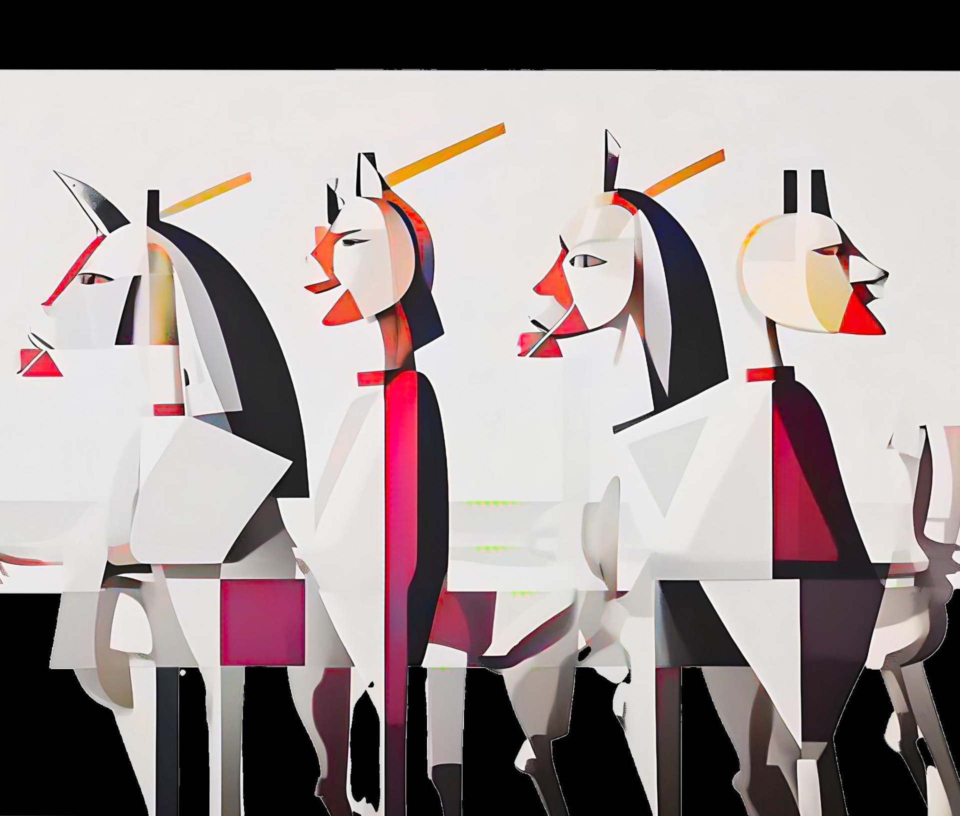 An abstract depiction of stylized horse-like figures with human features.