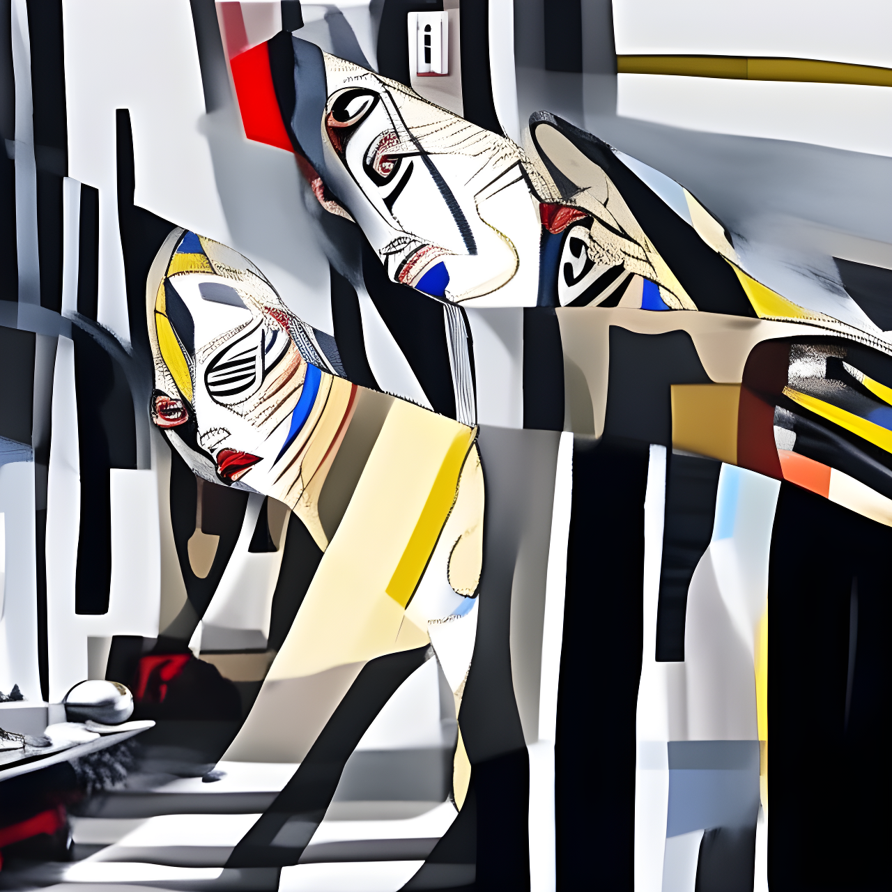An abstract digital artwork featuring stylized human-like figures with exaggerated features and bold colors.
