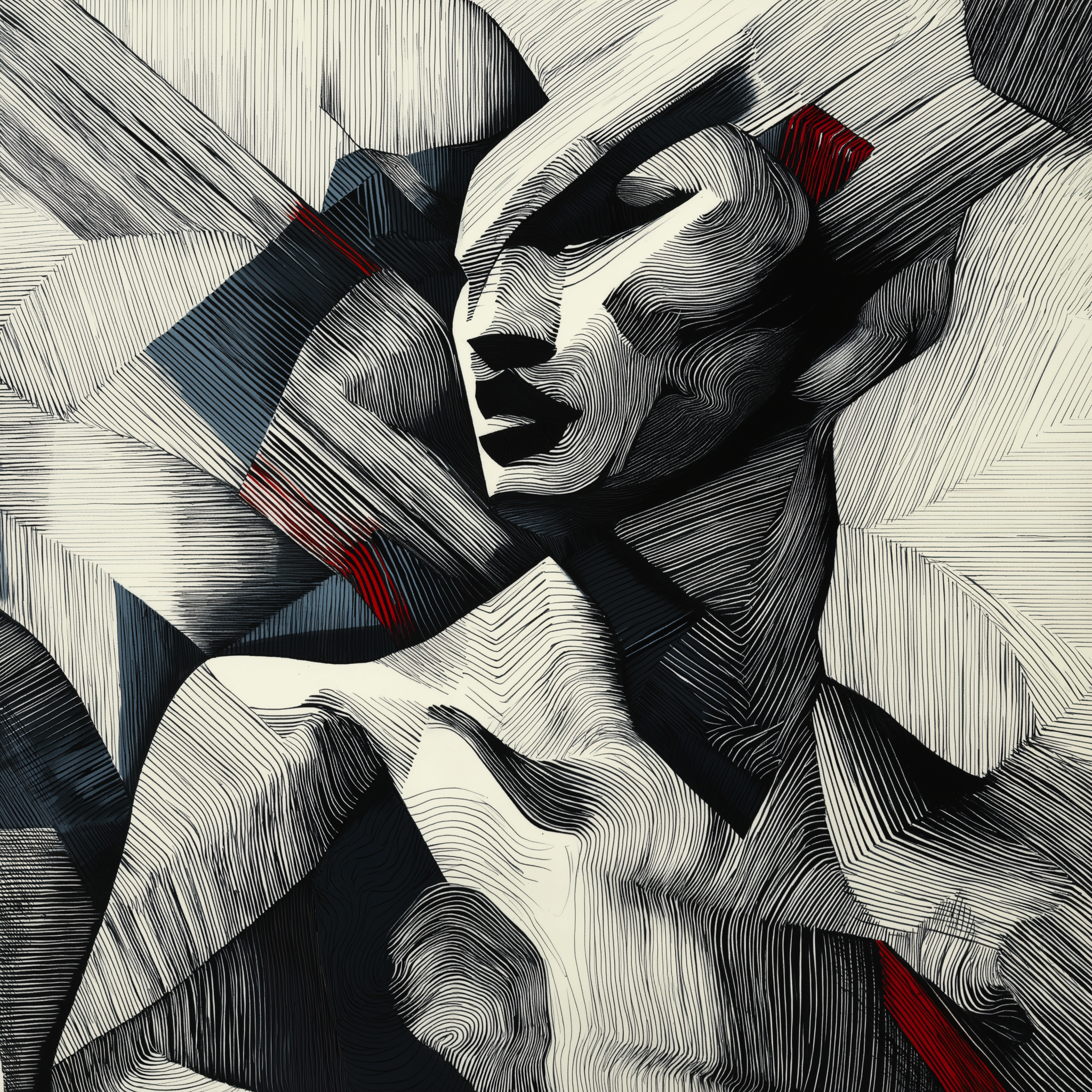 An abstract representation of a human-like figure with bold lines and contrasting colors.