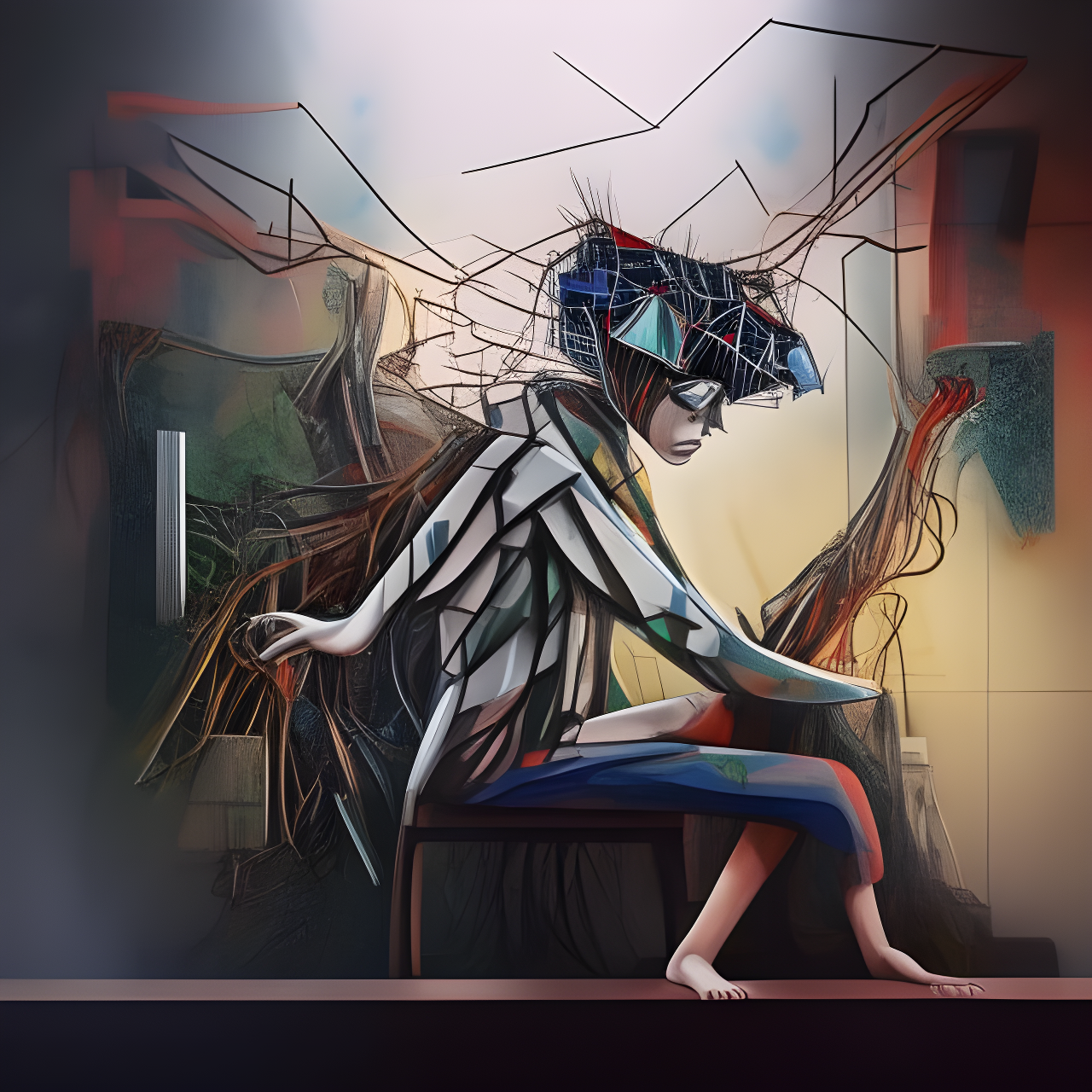 An abstract figure seated with geometric shapes and lines surrounding it.