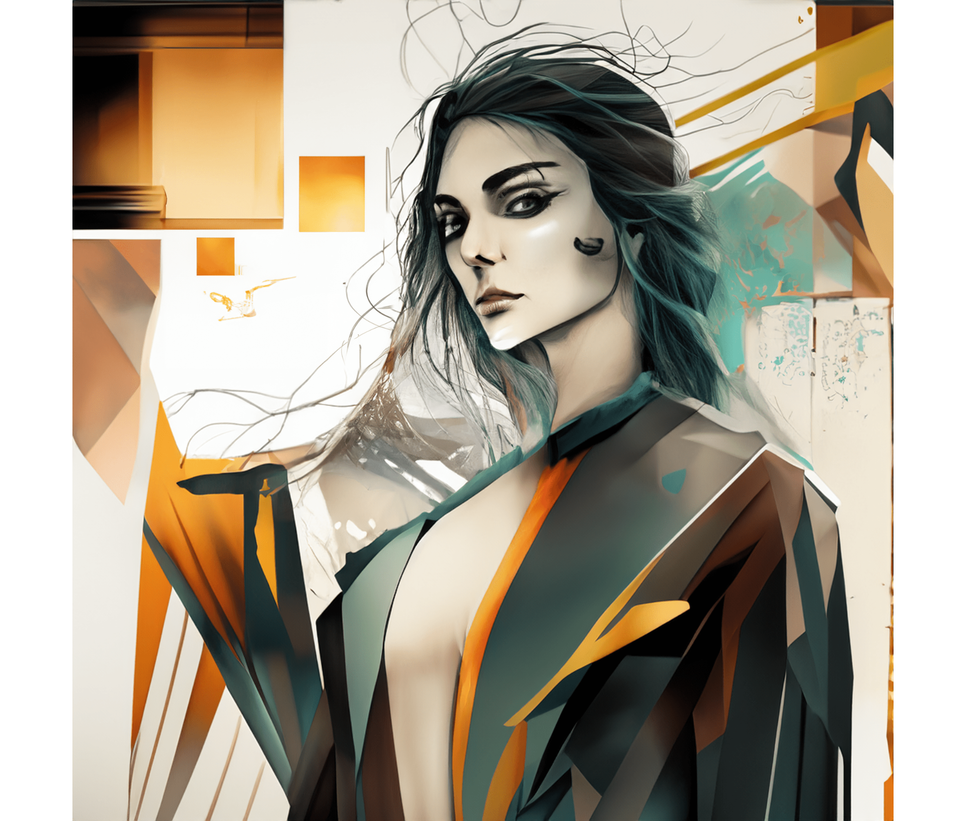 A stylized portrait of a woman with striking features and abstract geometric elements in the background.