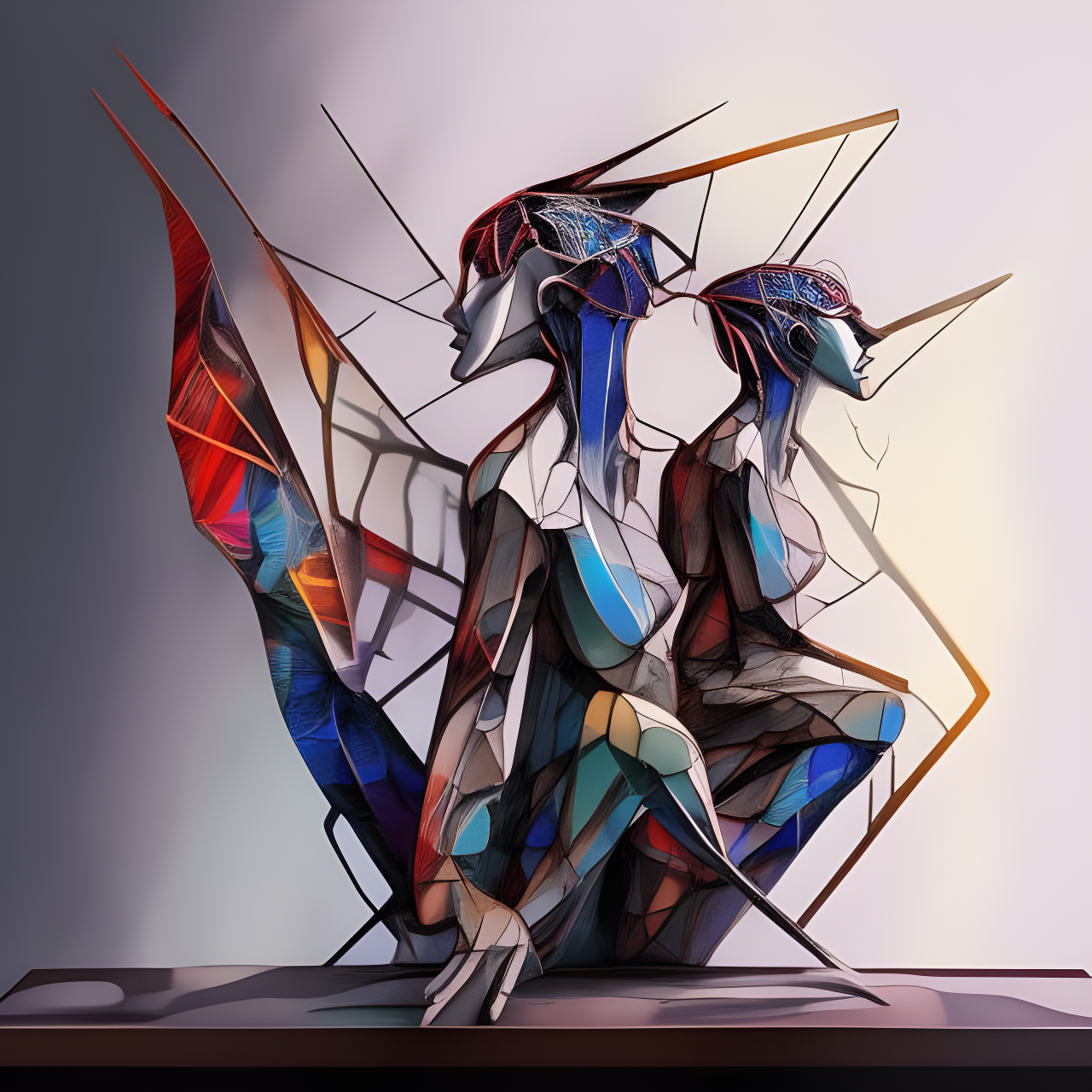 A stylized sculpture of two human-like figures with abstract geometric forms and vibrant colors.