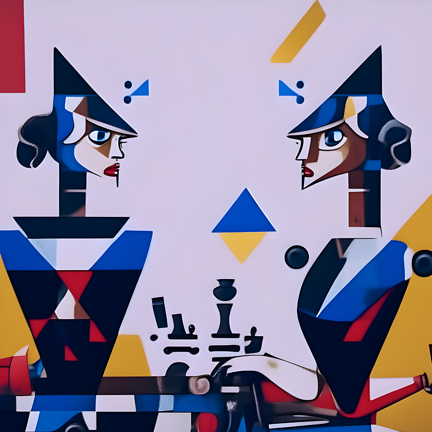 Two stylized human-like figures with geometric shapes and bold colors.