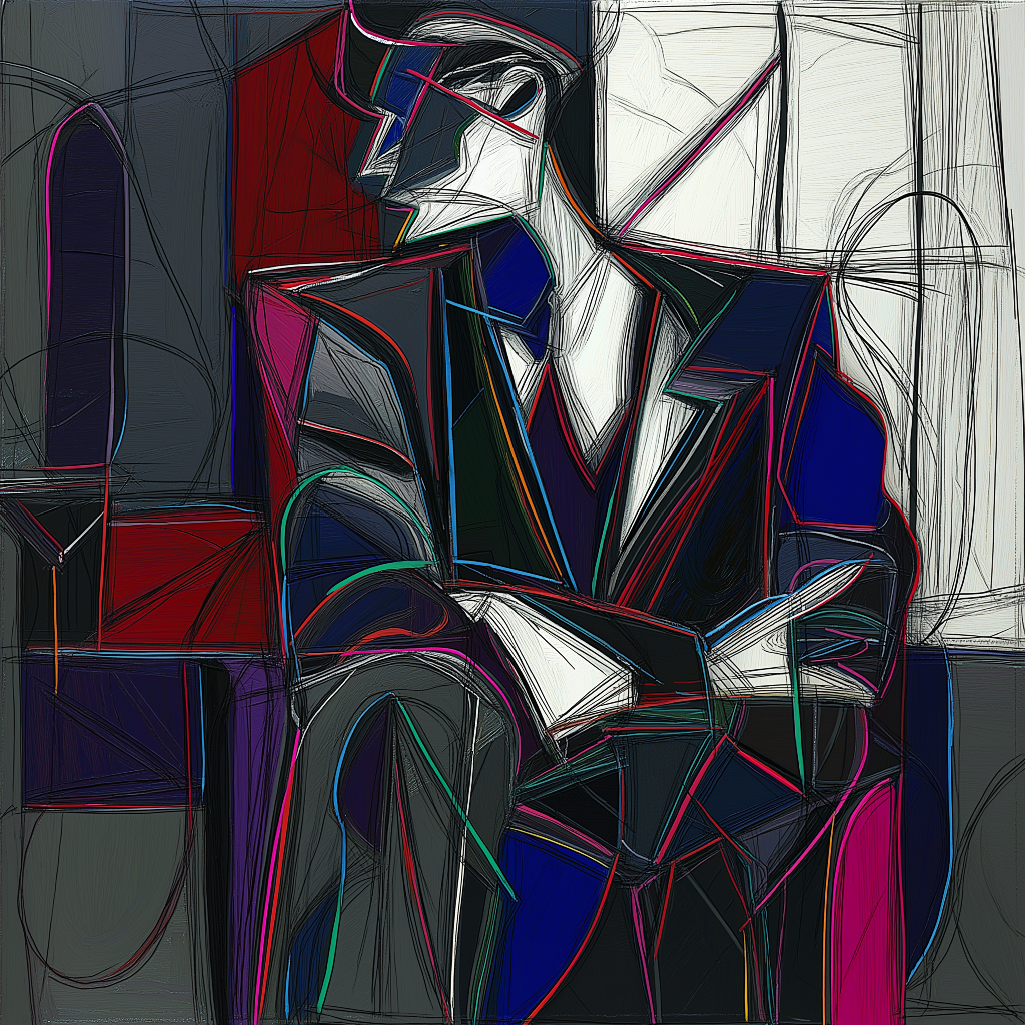 An abstract depiction of a stylized male figure in a suit, characterized by bold lines and geometric shapes.