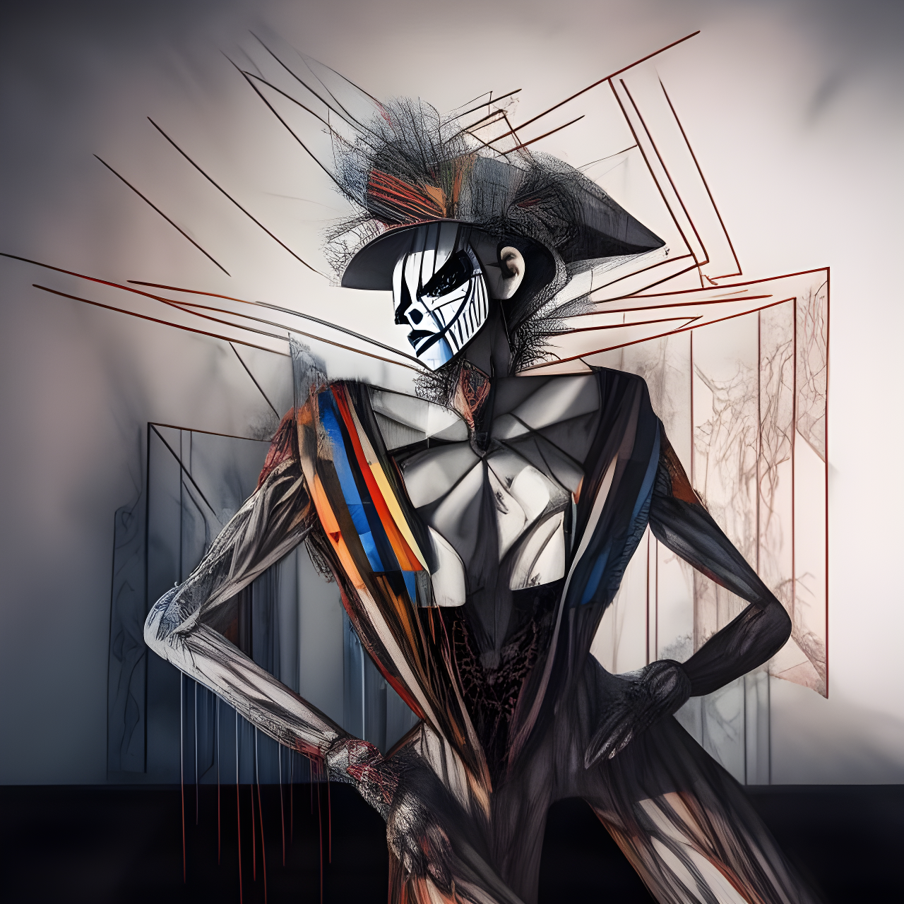 A stylized human-like figure with a painted face and elaborate costume poses dramatically against a geometric background.