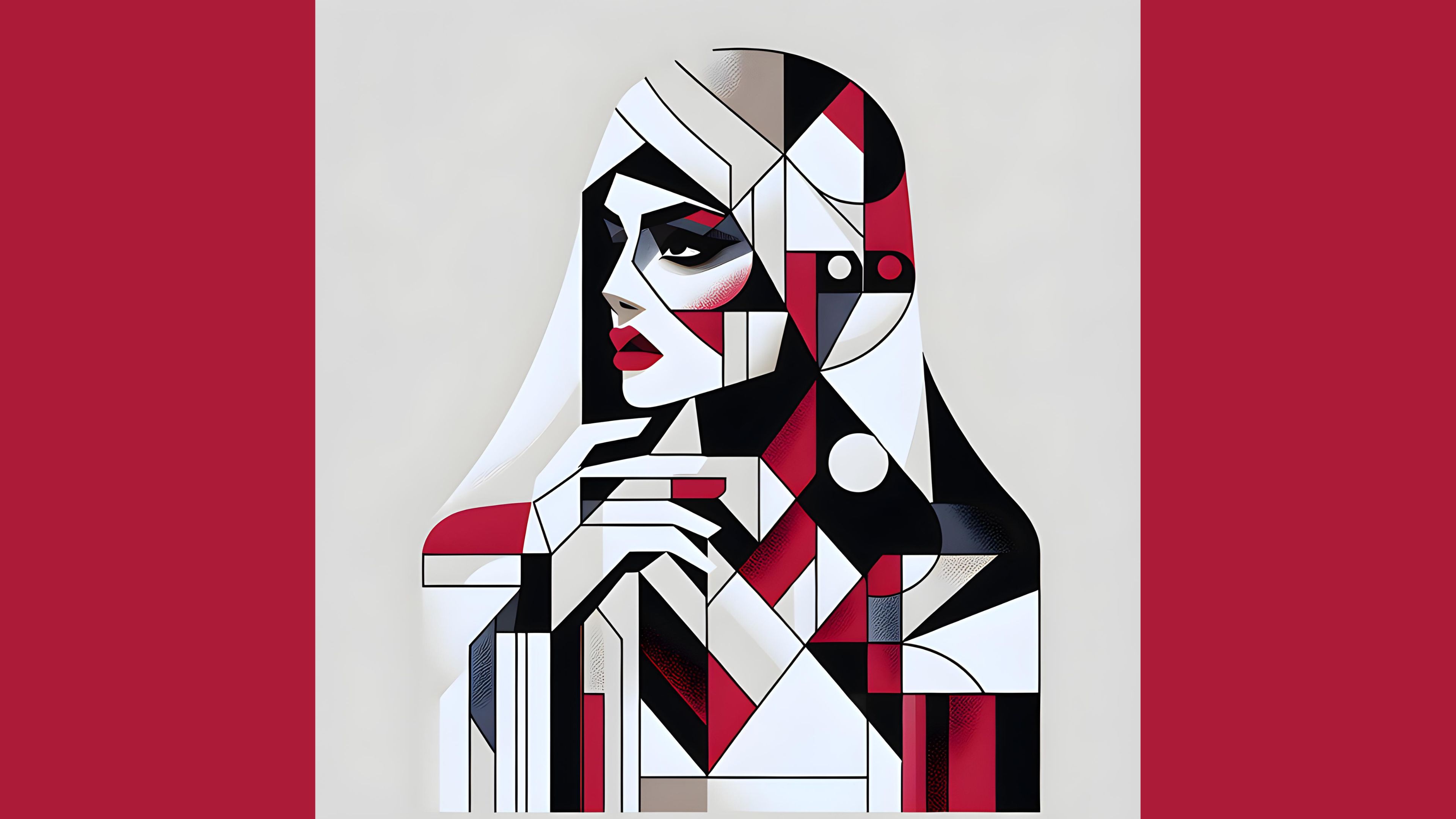A stylized cubist portrait of a woman with bold geometric shapes and contrasting colors.