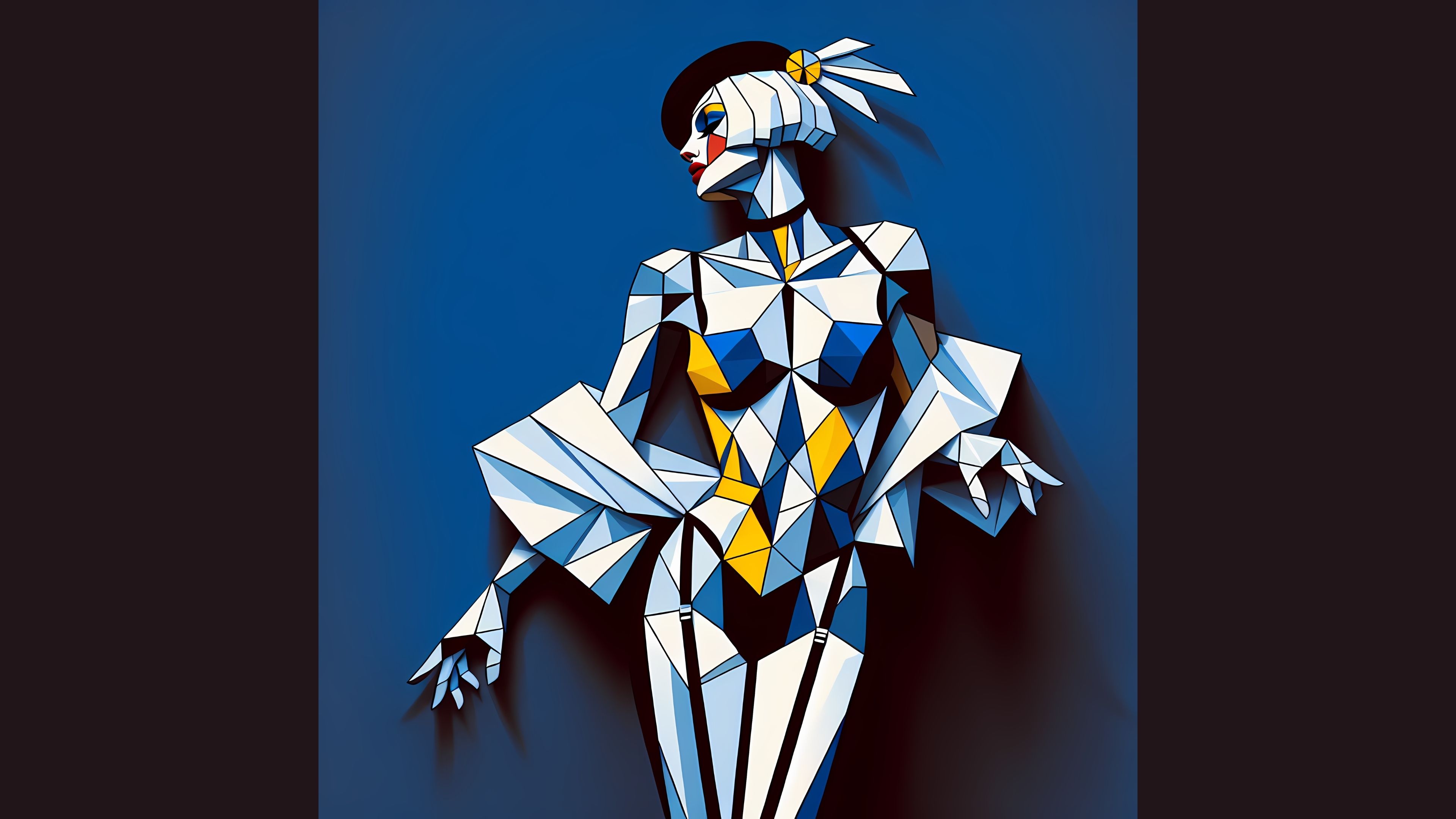A stylized figure composed of geometric shapes in a cubist style.