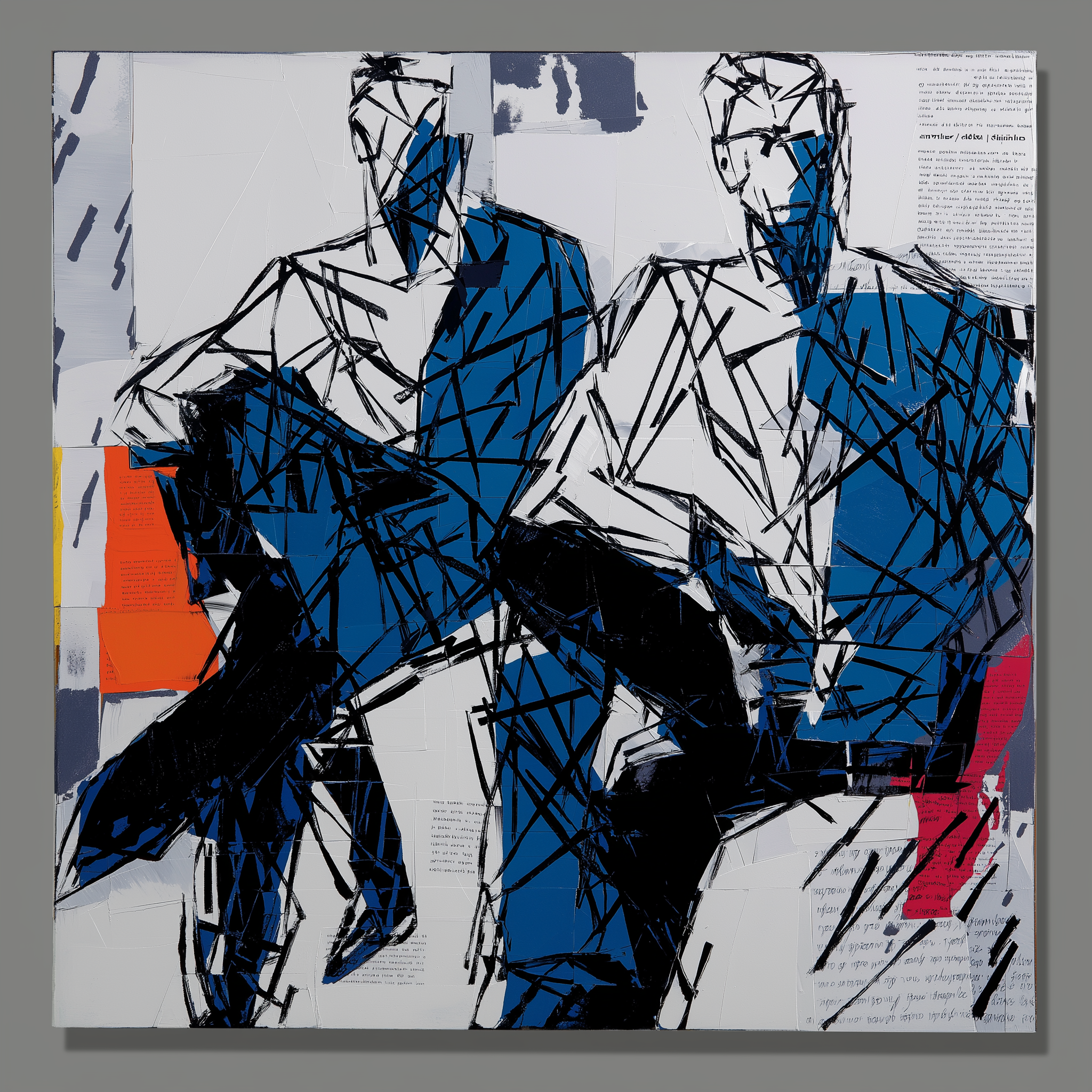 An abstract artwork featuring two human-like figures with angular lines and a mix of colors.
