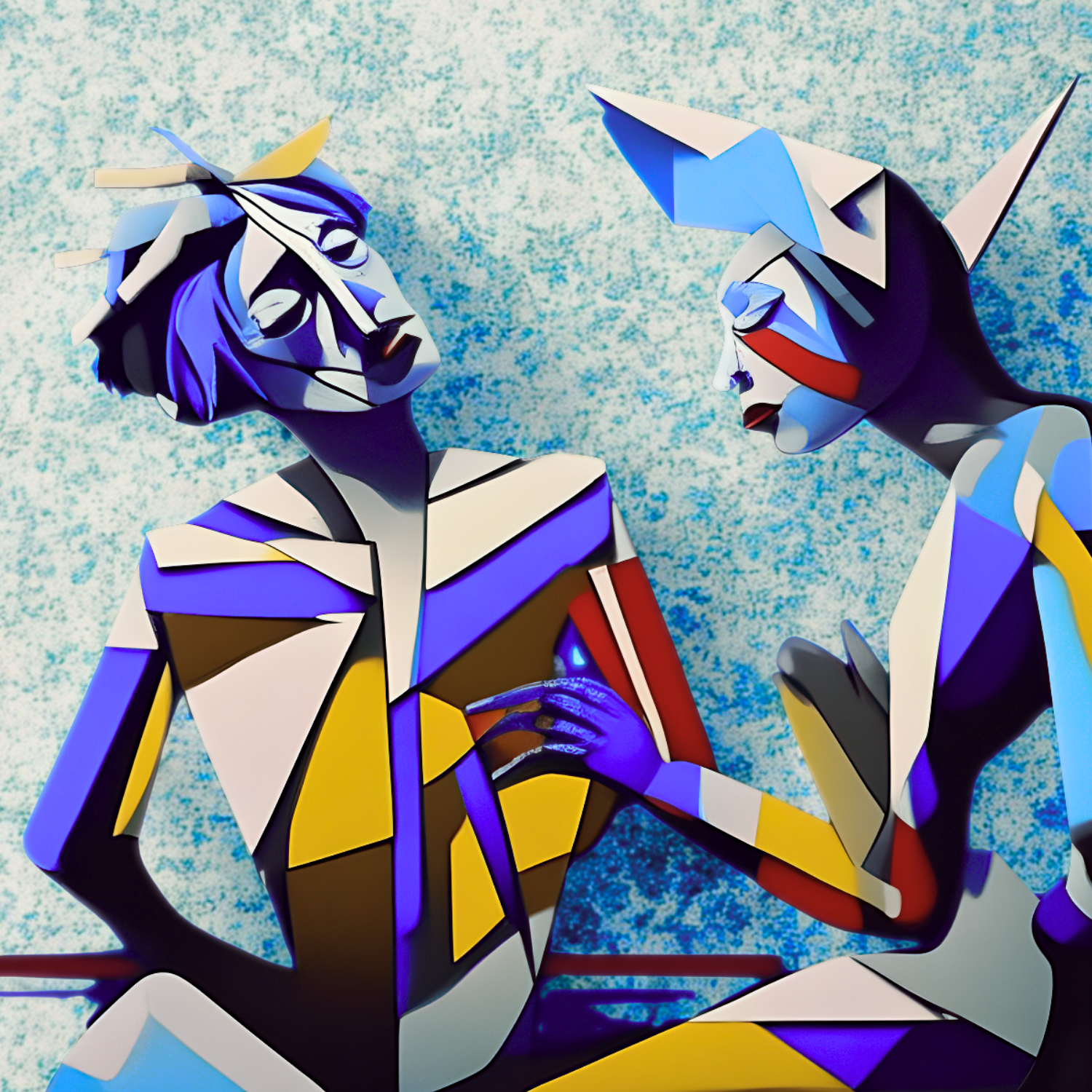 Two abstract human-like figures in geometric shapes and vibrant colors engage in conversation.