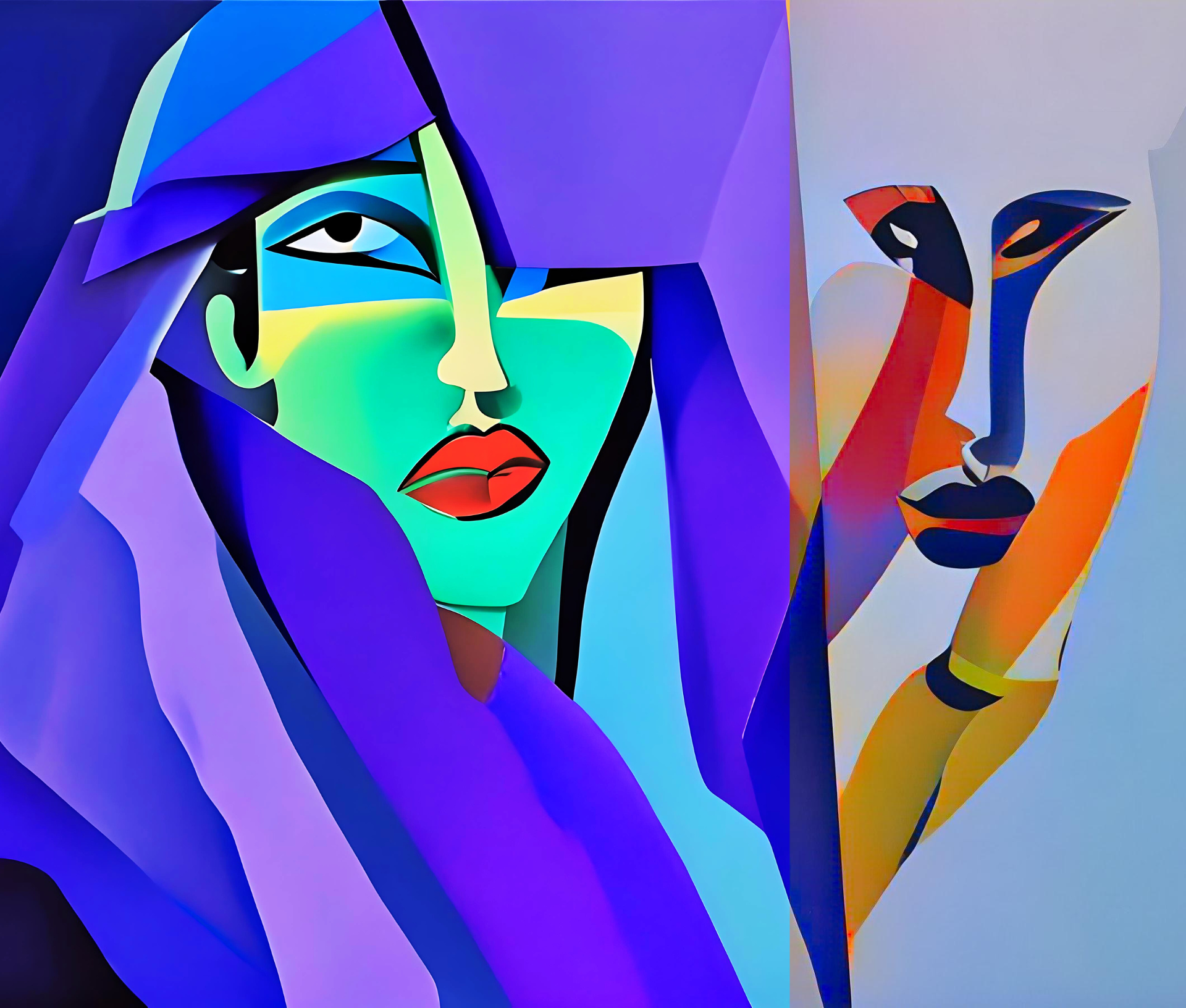 A stylized portrait of a woman with vibrant colors and geometric shapes.