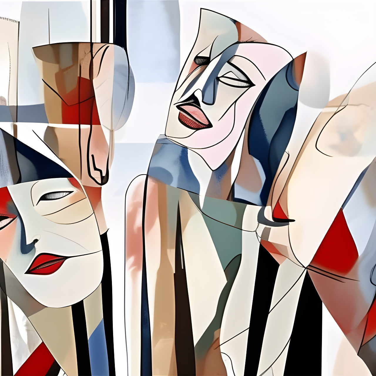 An abstract composition featuring stylized human faces in various colors and shapes.