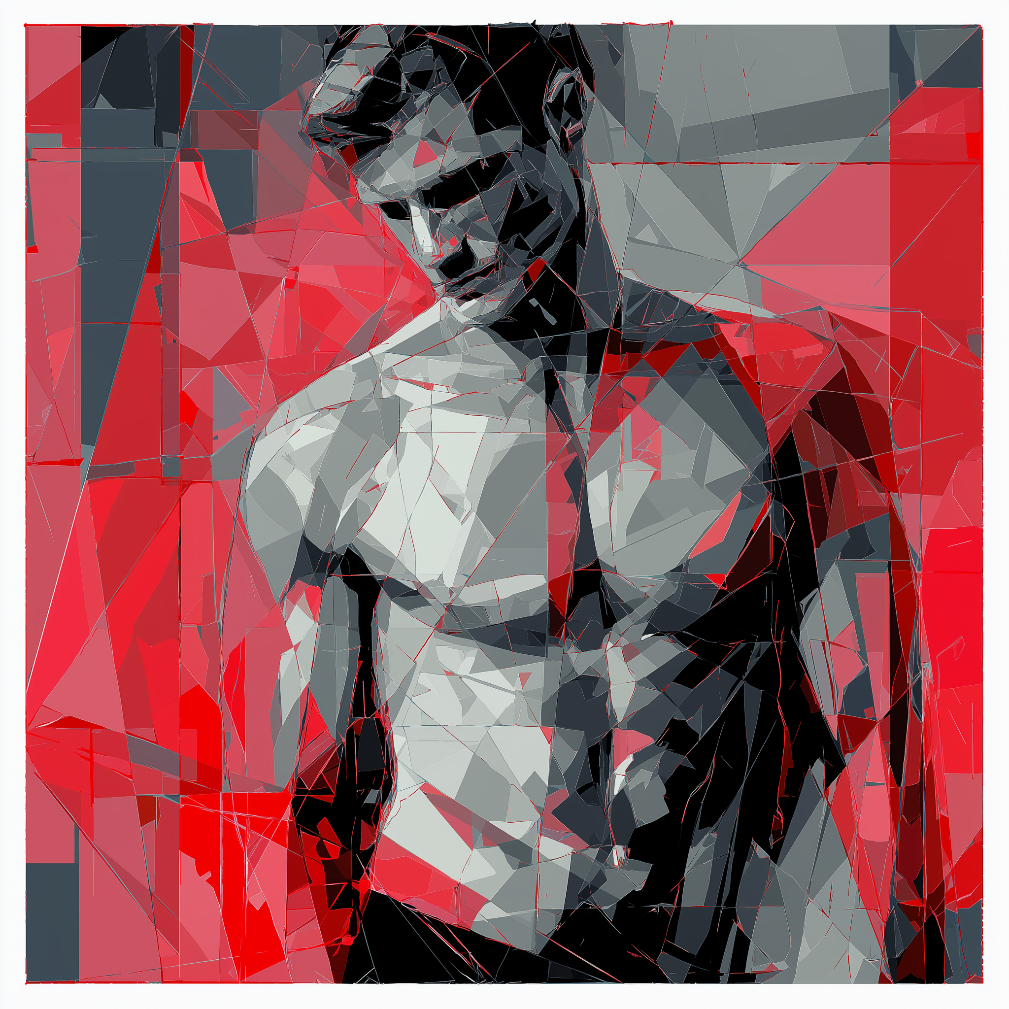 A geometric abstract portrait of a muscular male figure in shades of red and gray.