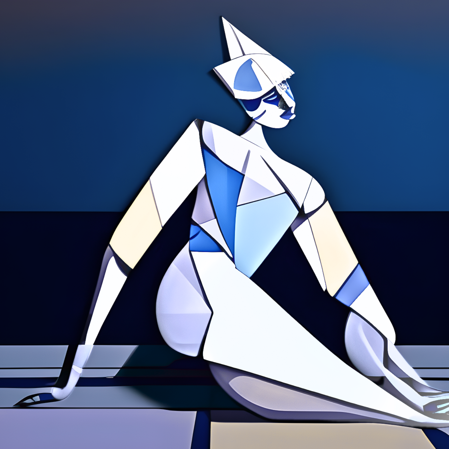 A stylized human-like figure with geometric shapes and a pointed hat, seated against a dark background.