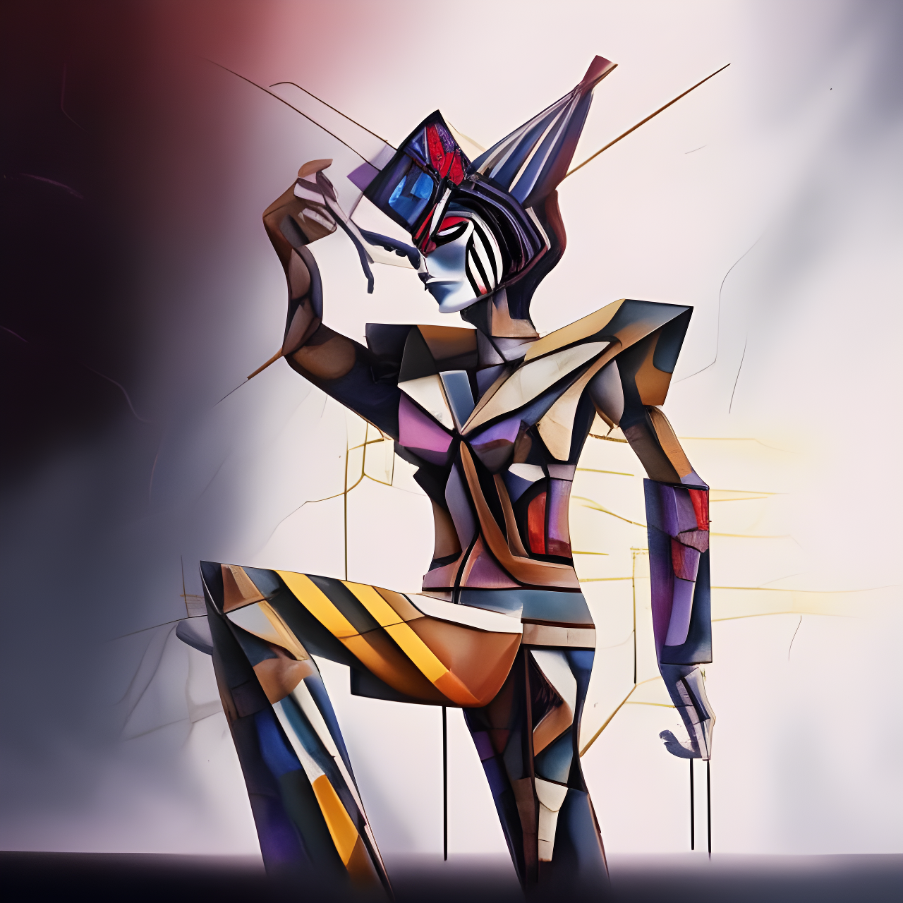A stylized human-like figure in a dynamic pose, composed of geometric shapes and vibrant colors.