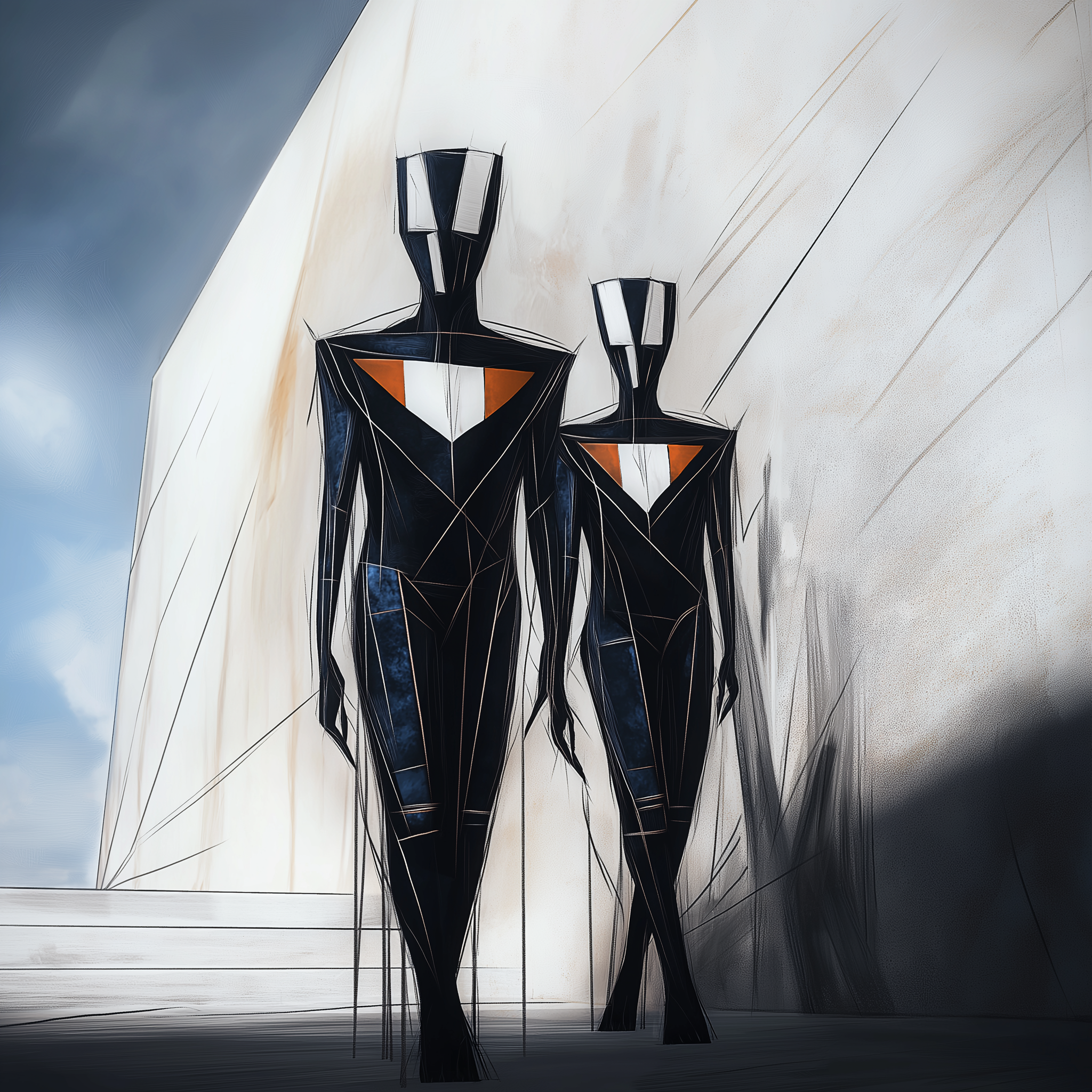 Two stylized human-like figures with geometric designs walking in a minimalist environment.