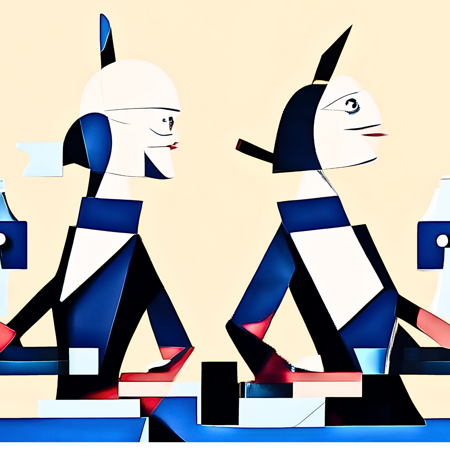 Two abstract human-like figures in a cubist style, facing each other.