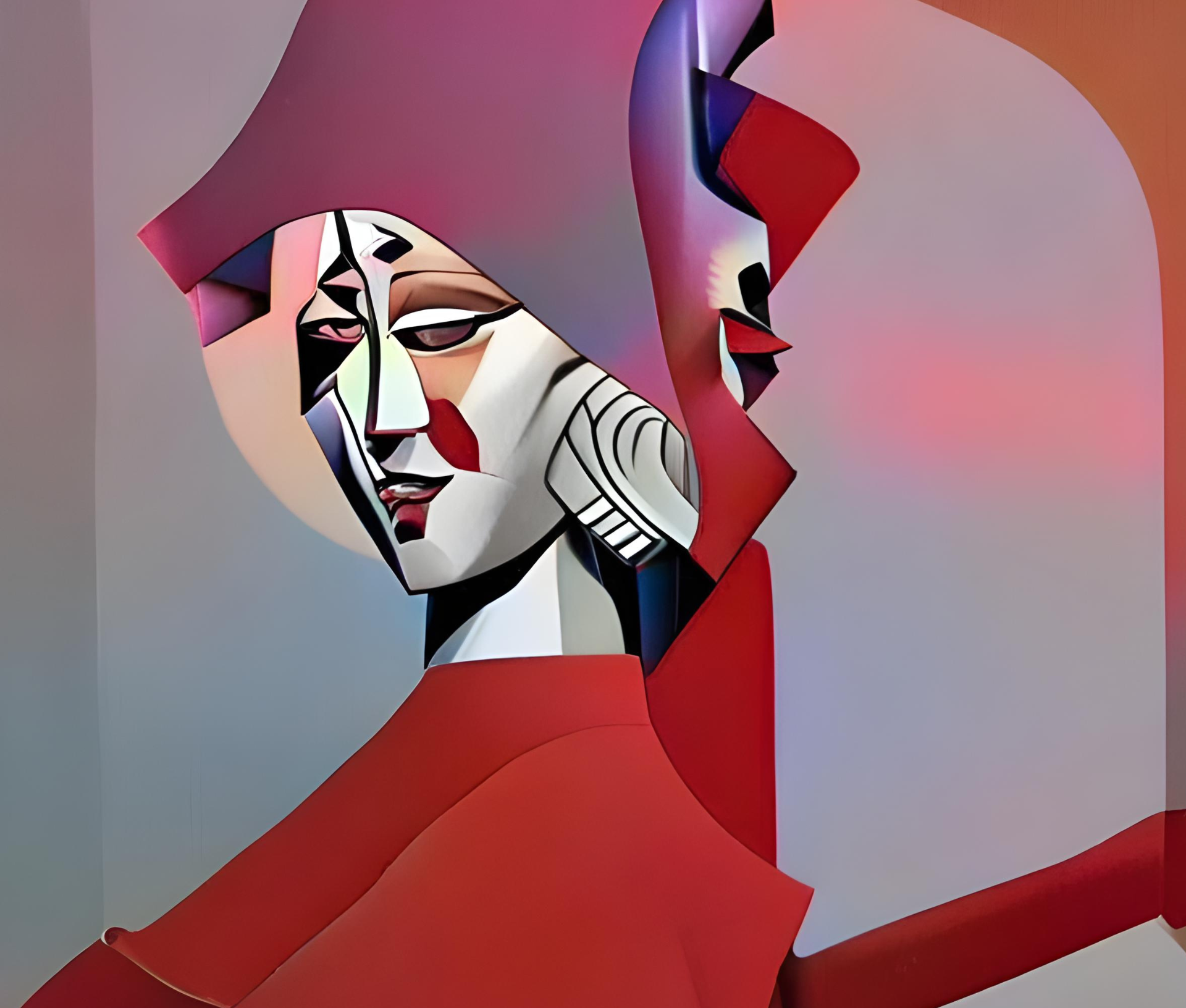 An abstract figure with geometric shapes and a stylized face in red and white tones.