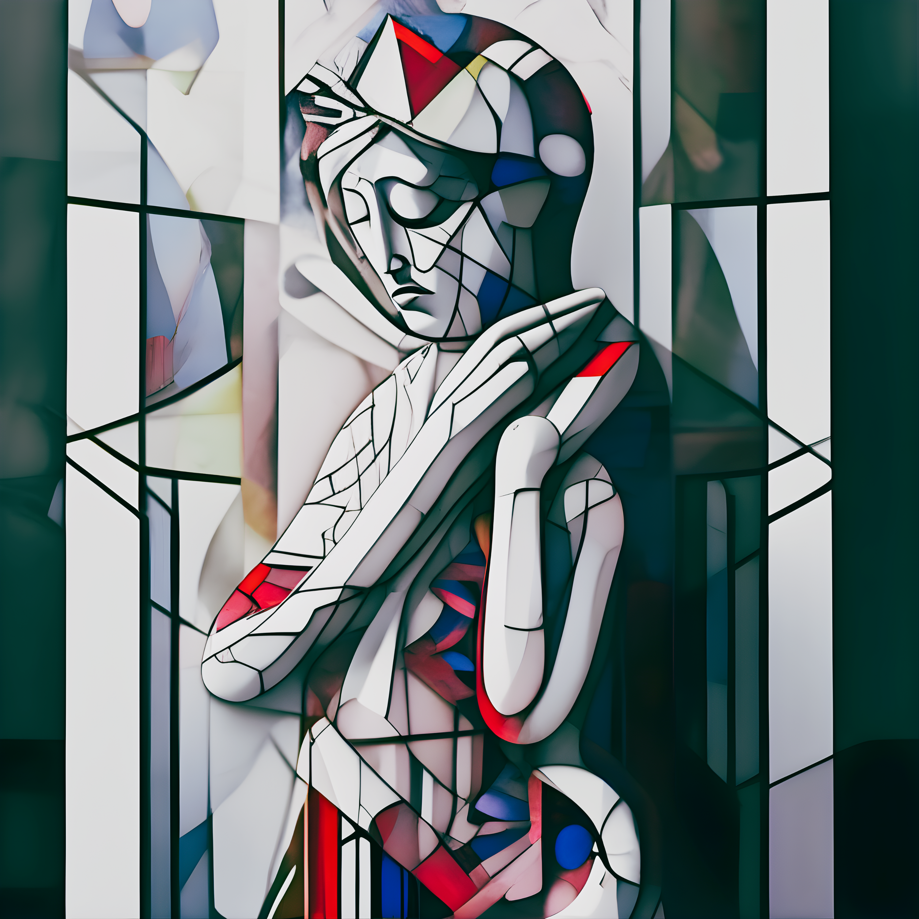 A stylized figure with geometric patterns and a somber expression, set against a fragmented background.