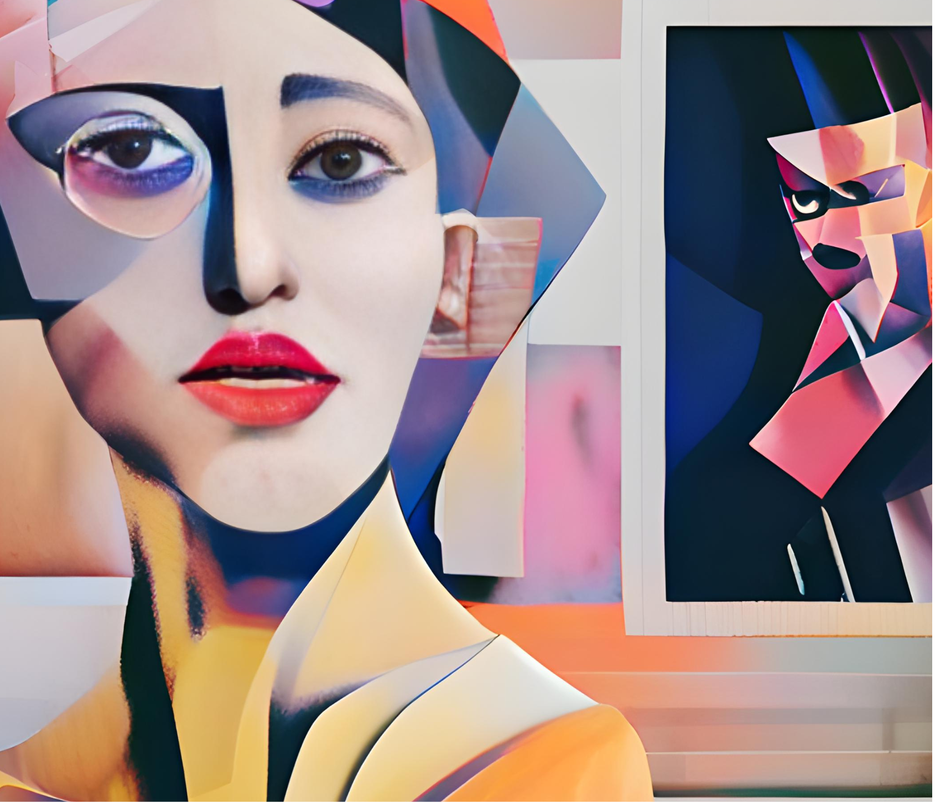 A stylized portrait of a woman with bold colors and geometric shapes.