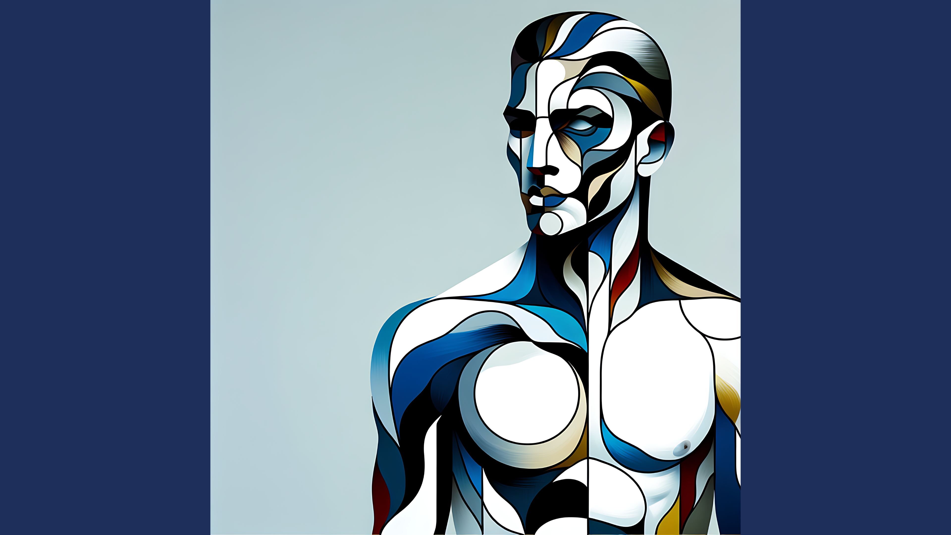 A stylized human-like figure with abstract geometric patterns in blue, white, and gold tones.
