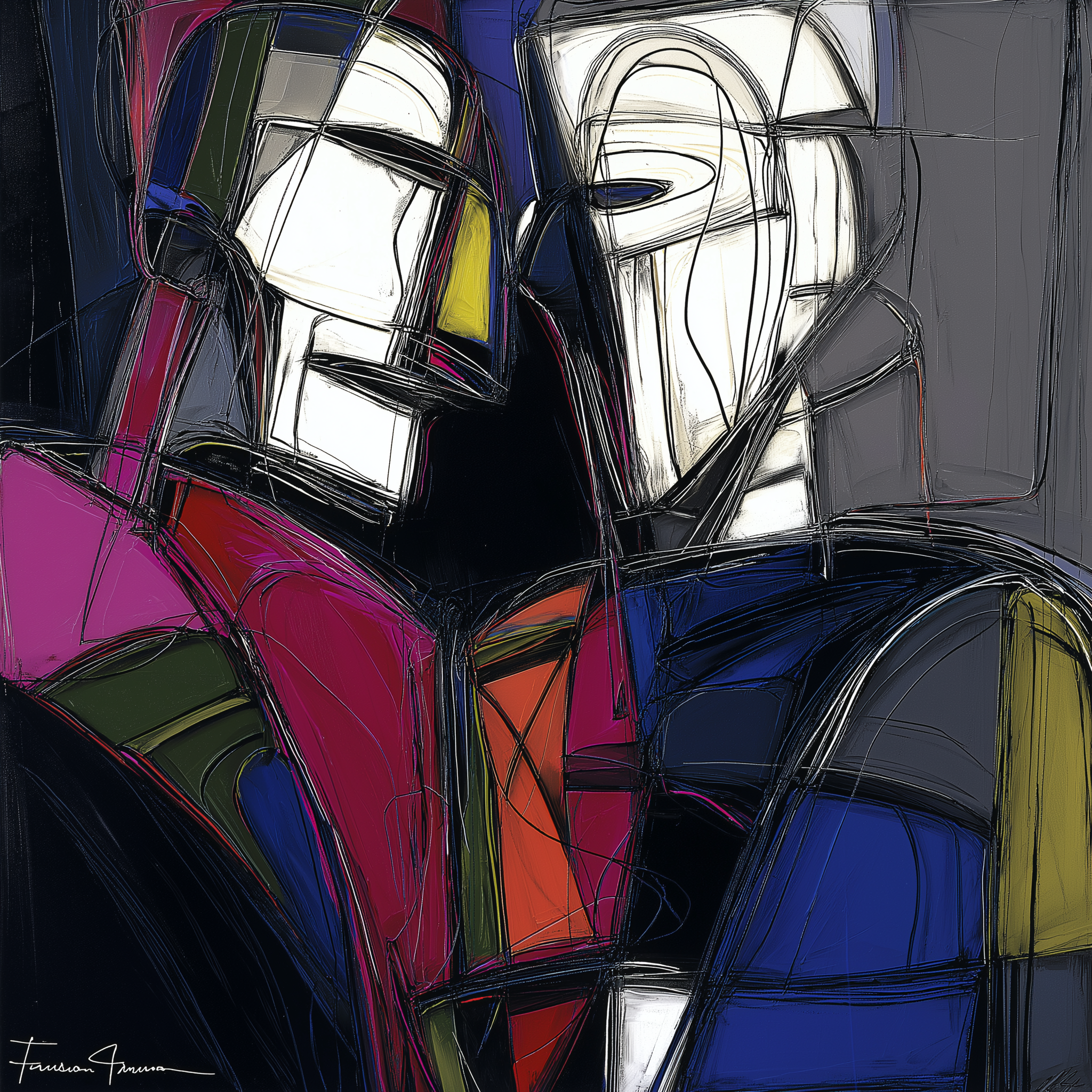 An abstract artwork featuring two human-like figures with bold lines and vibrant colors.