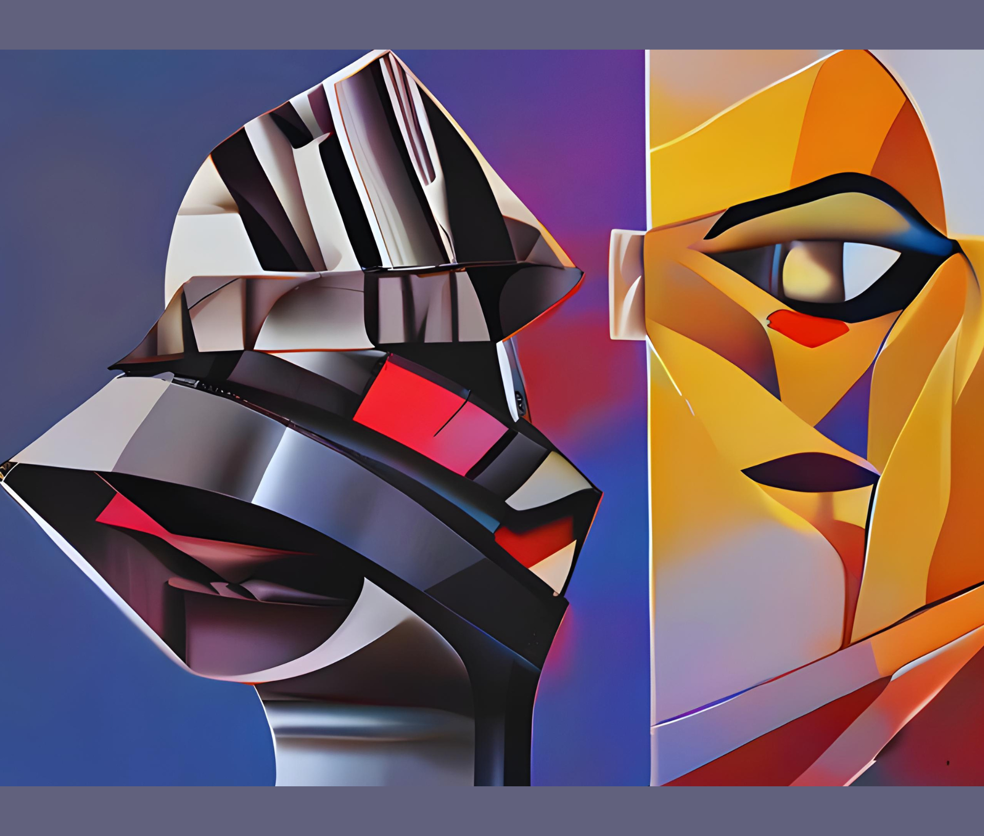 An abstract representation of two human-like figures with geometric shapes and vibrant colors.