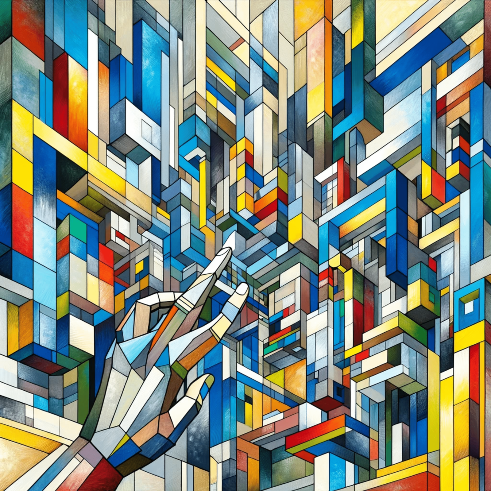 An abstract geometric composition featuring a stylized hand reaching towards colorful structures.