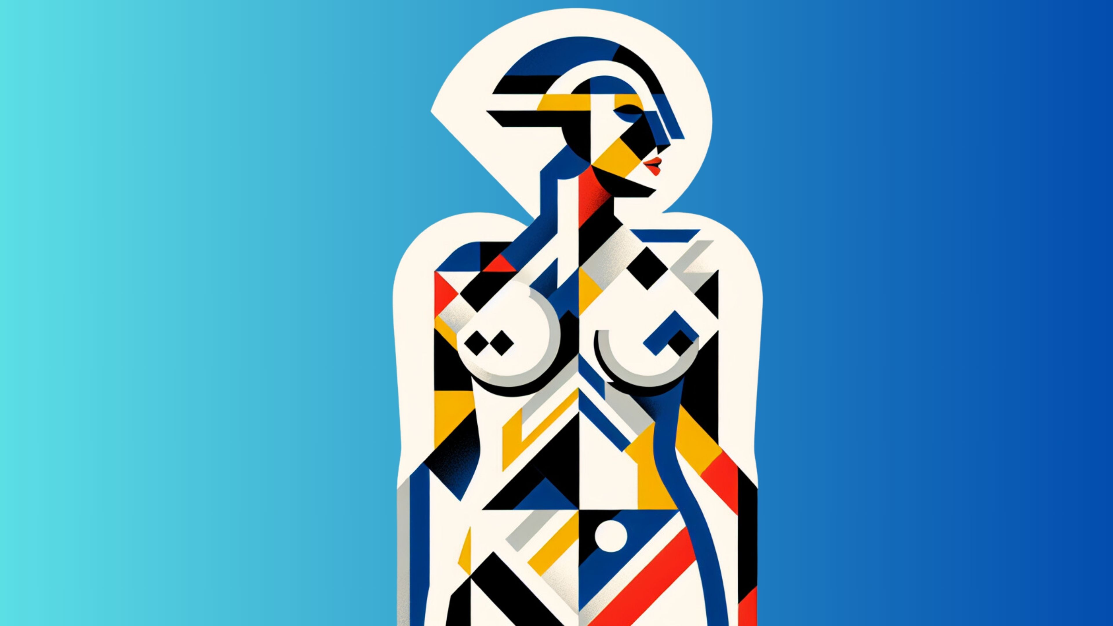 A stylized human-like figure composed of geometric shapes in vibrant colors.