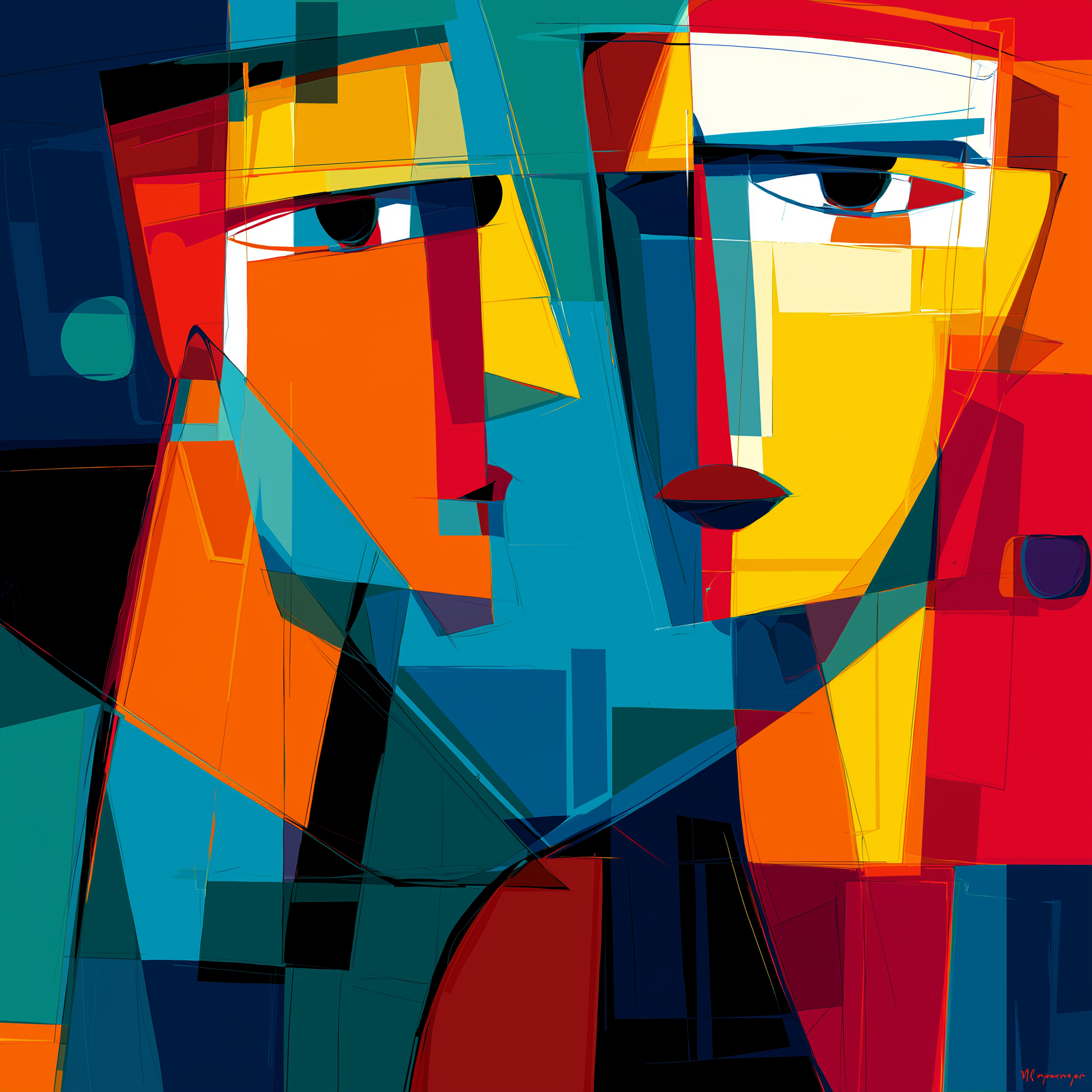 An abstract portrait featuring bold geometric shapes and vibrant colors.