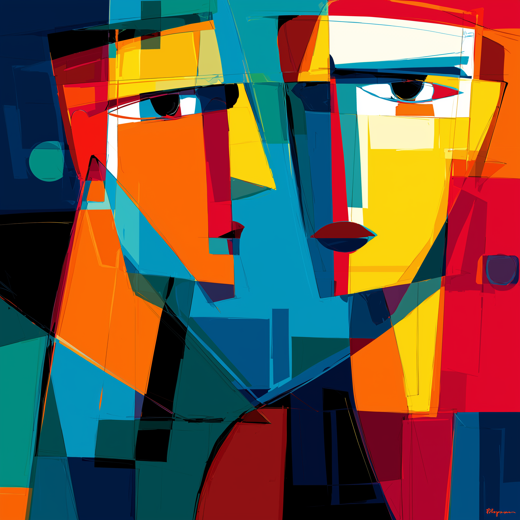 An abstract portrait featuring geometric shapes and bold colors.