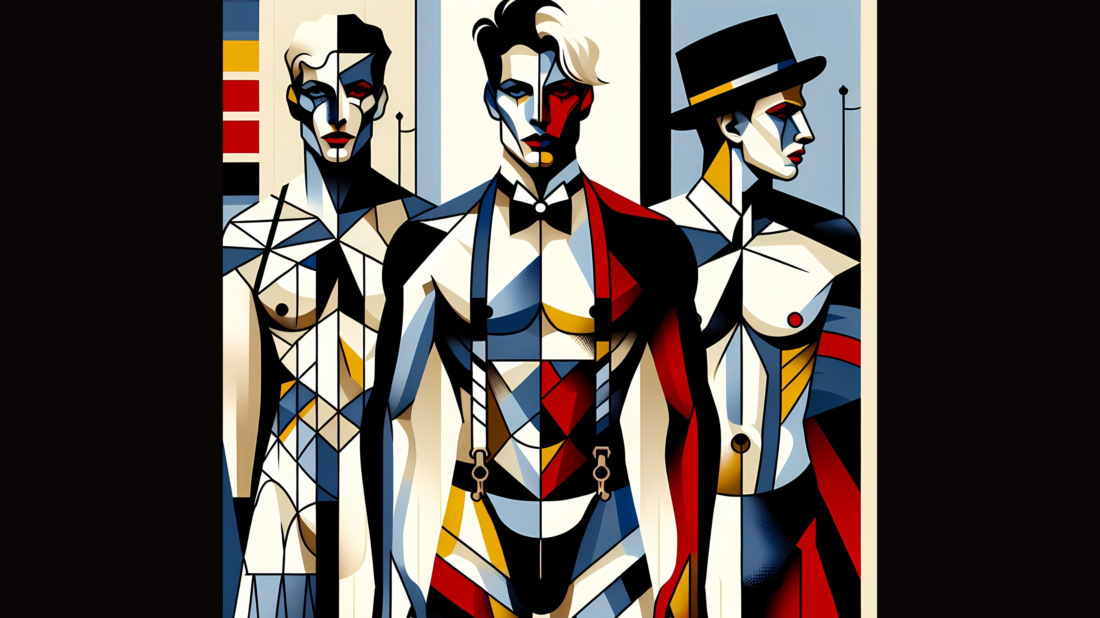 Three stylized human-like figures in a cubist style with geometric shapes and bold colors.