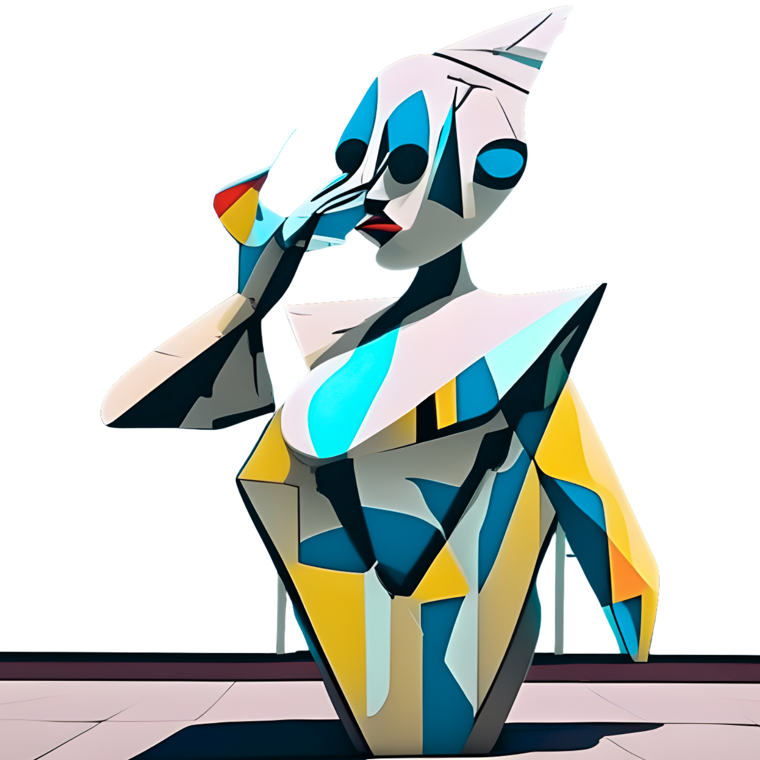 A stylized abstract sculpture of a human-like figure with geometric shapes and vibrant colors.