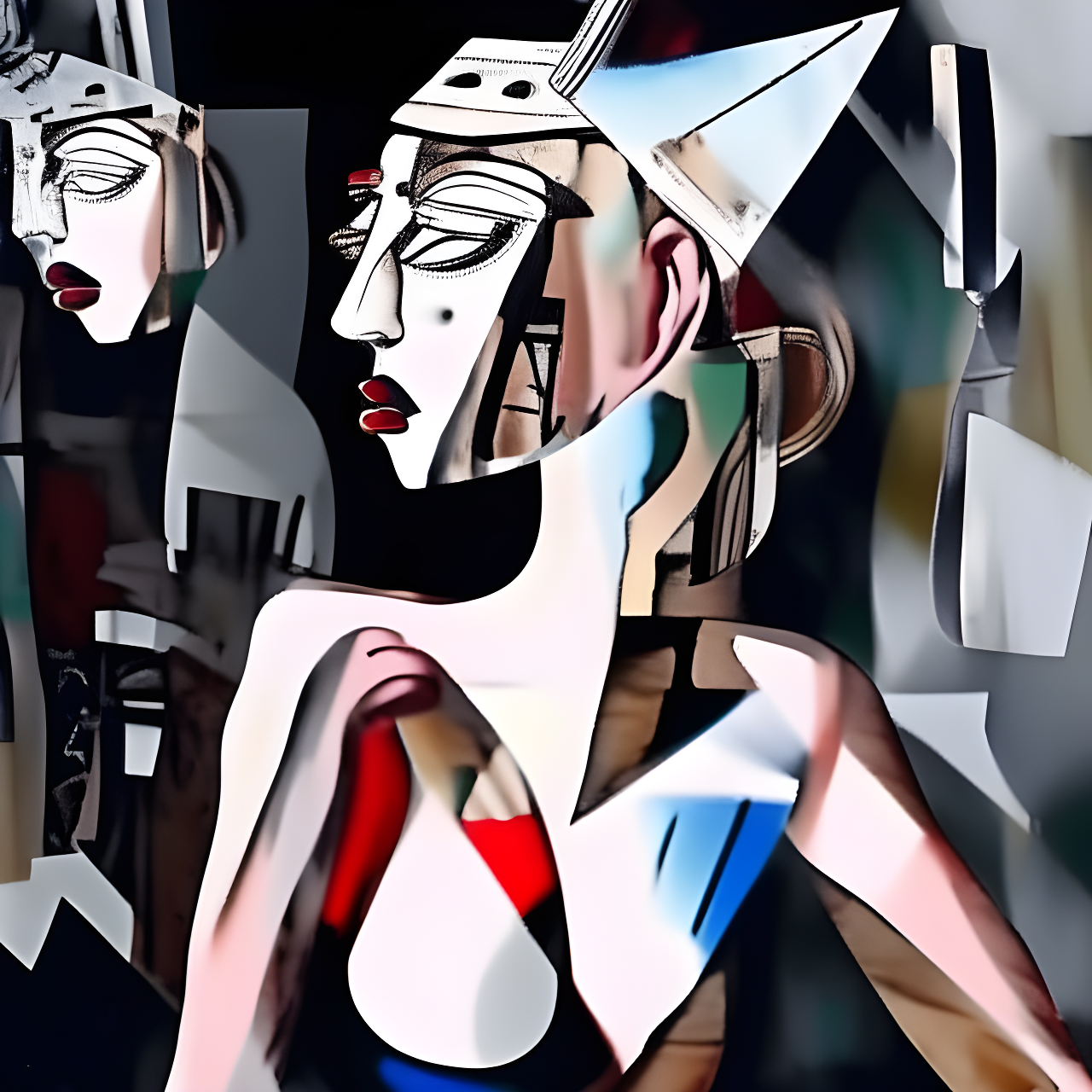 A digital caricature featuring abstract human-like figures with bold colors and geometric shapes.