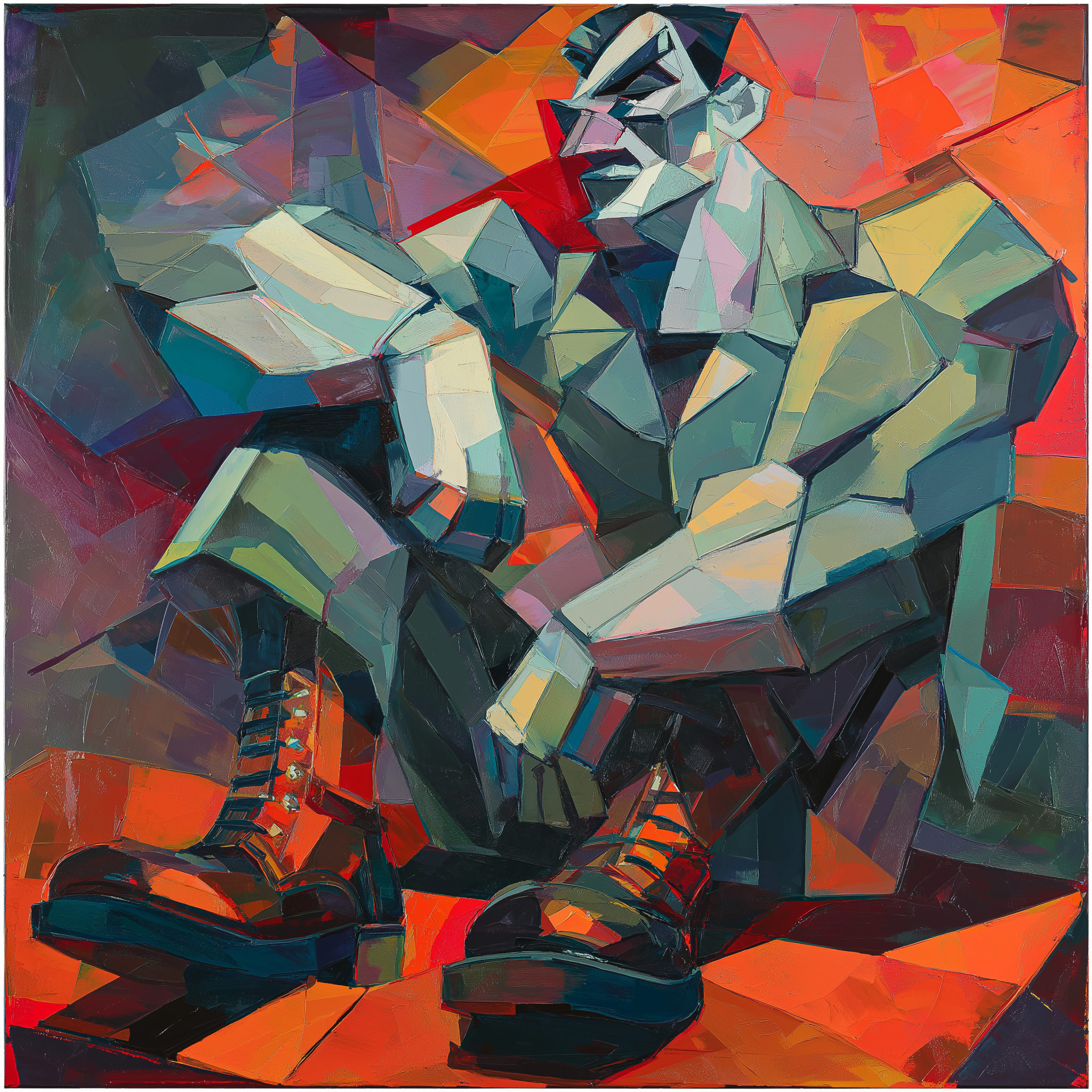 A stylized figure with angular features sits on a colorful background, wearing combat boots.