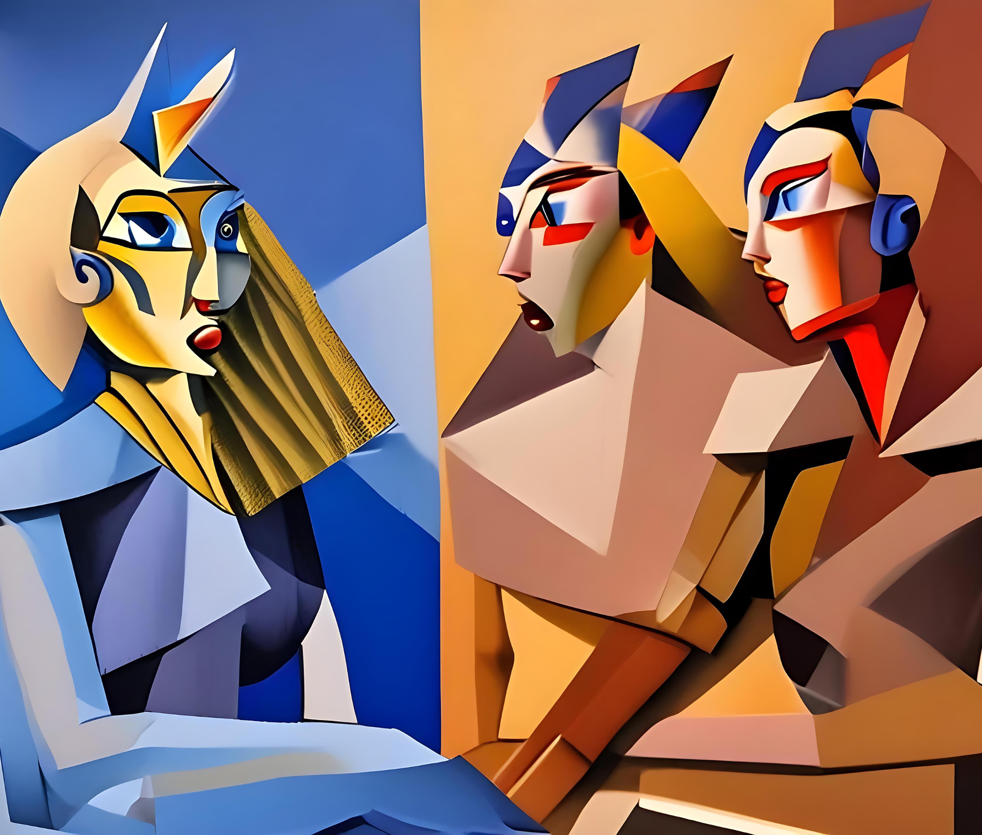 An abstract depiction of three stylized figures with geometric shapes and bold colors.