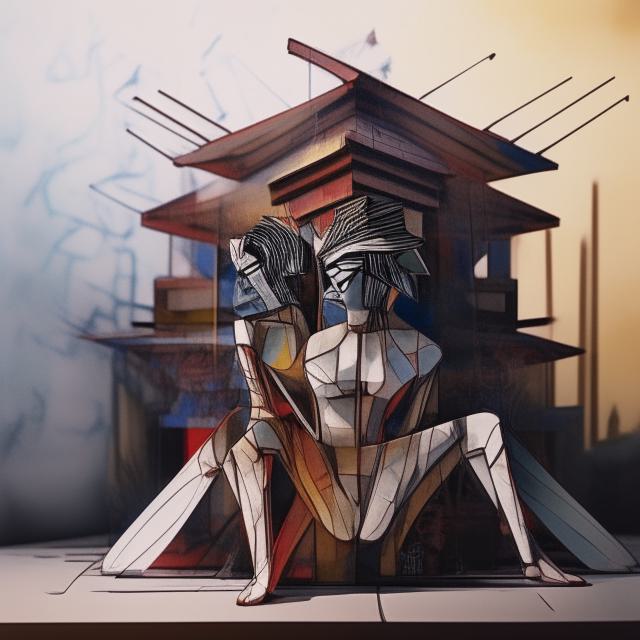 A stylized sculpture of two human-like figures seated in front of a geometric structure.
