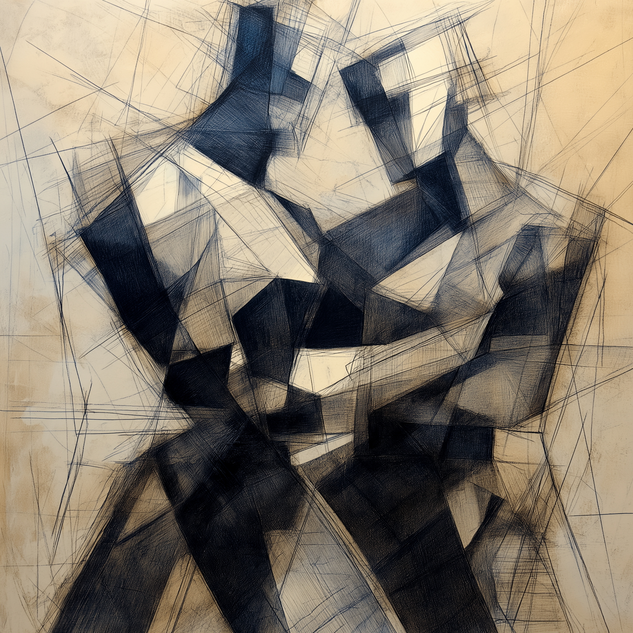 An abstract artwork featuring geometric forms in dark tones.