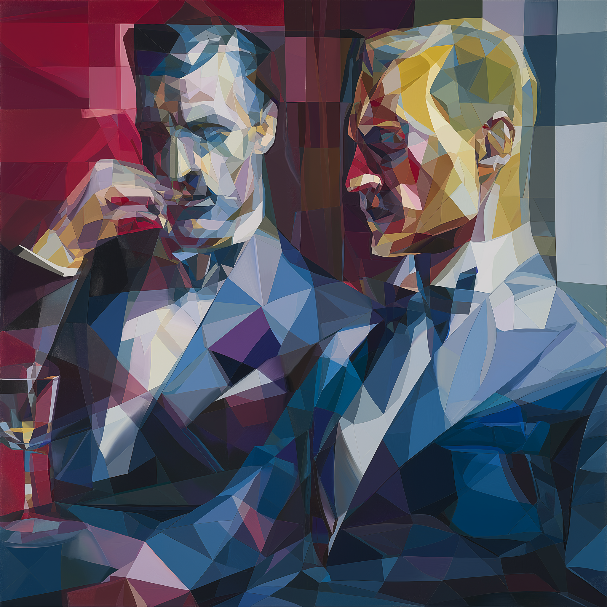 Two stylized male figures in formal attire, depicted in geometric shapes and vibrant colors.